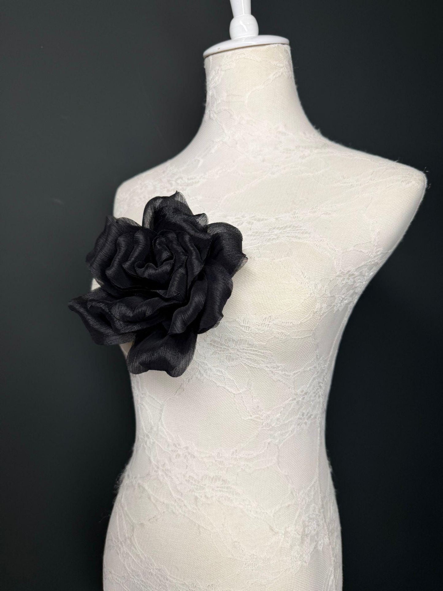 Black Handmade Organza Corsage Flower, Pin-On Brooch (6" Wide)