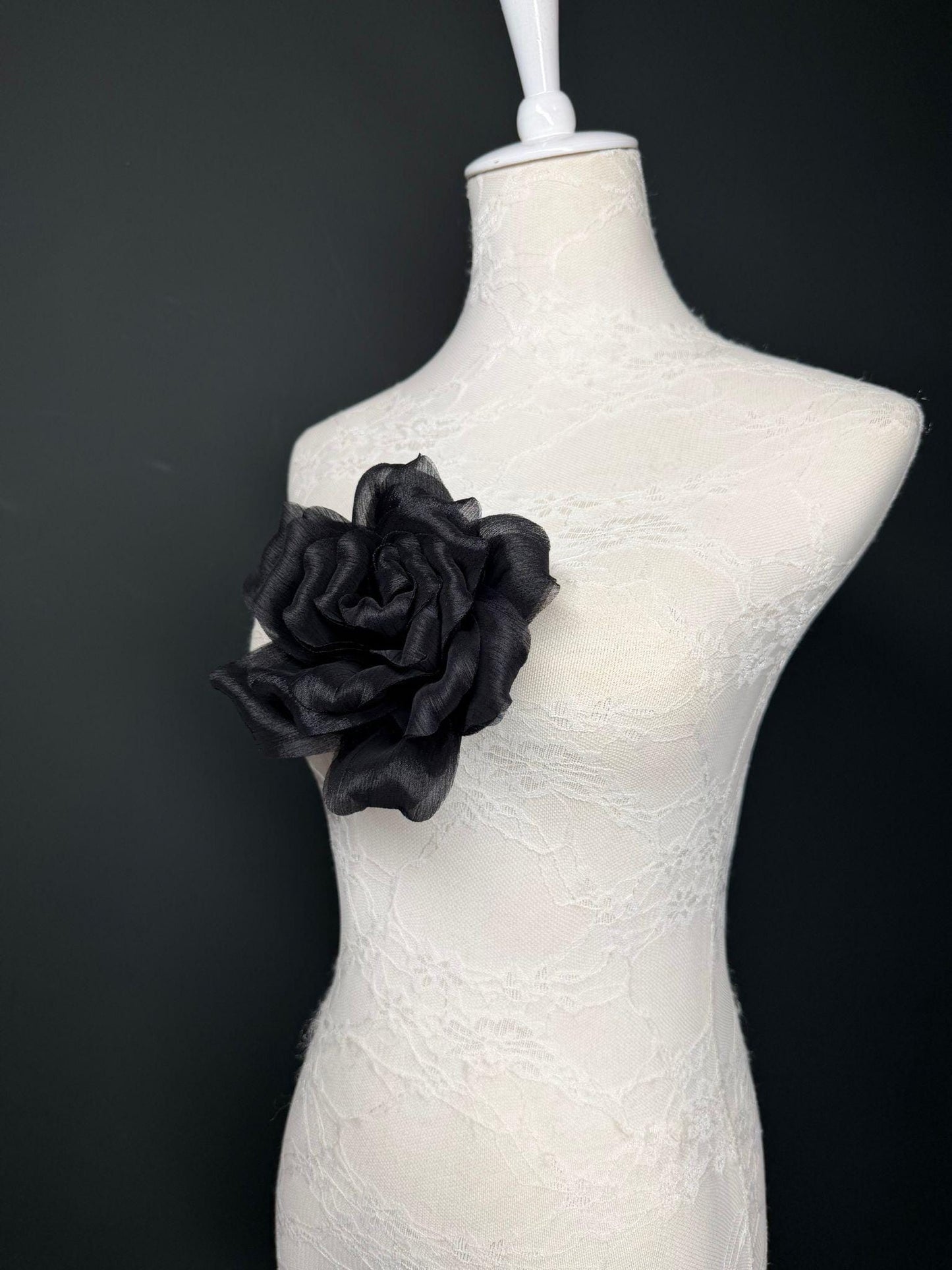 Black Handmade Organza Corsage Flower, Pin-On Brooch (6" Wide)