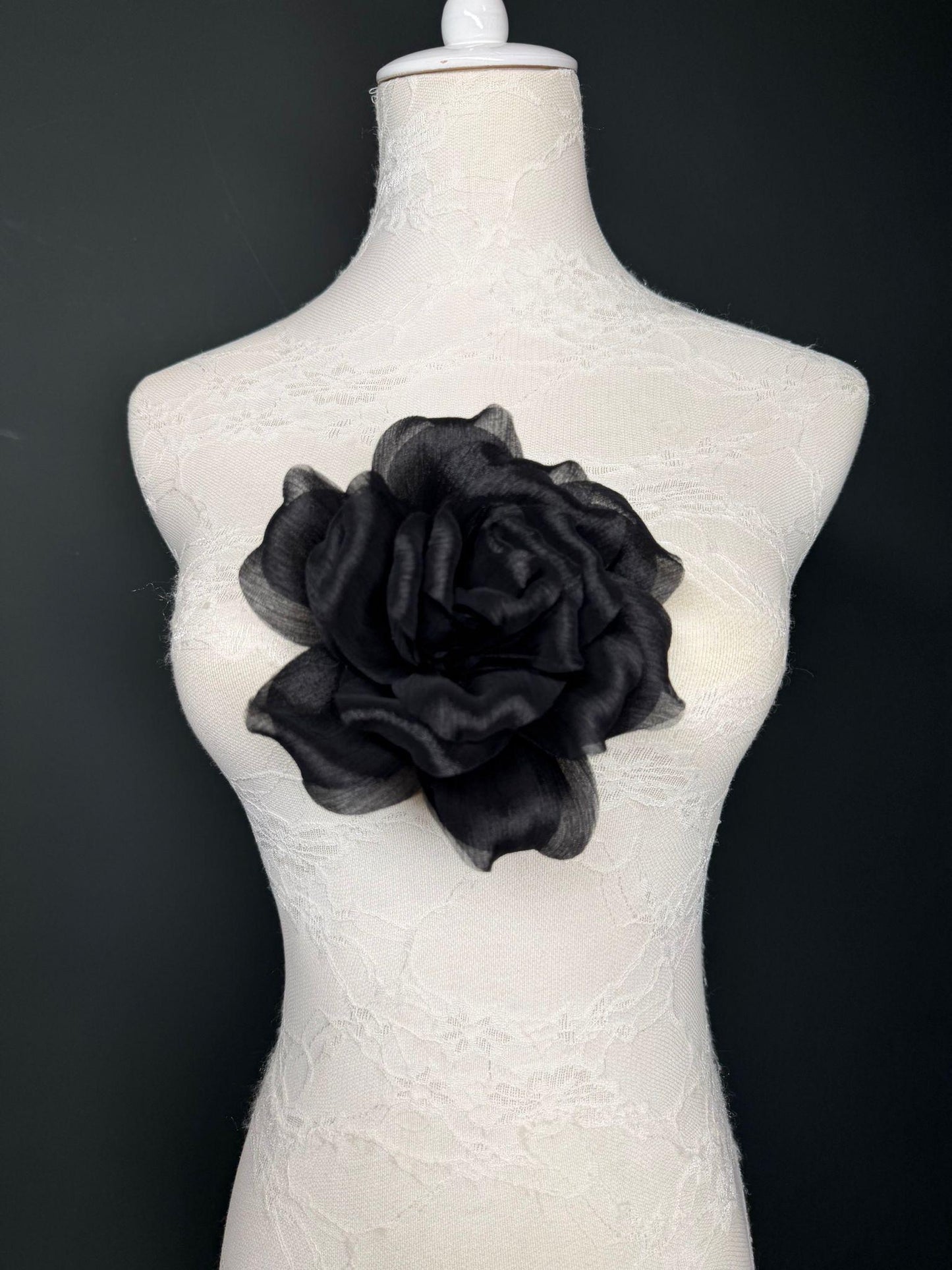 Black Handmade Organza Corsage Flower, Pin-On Brooch (6" Wide)