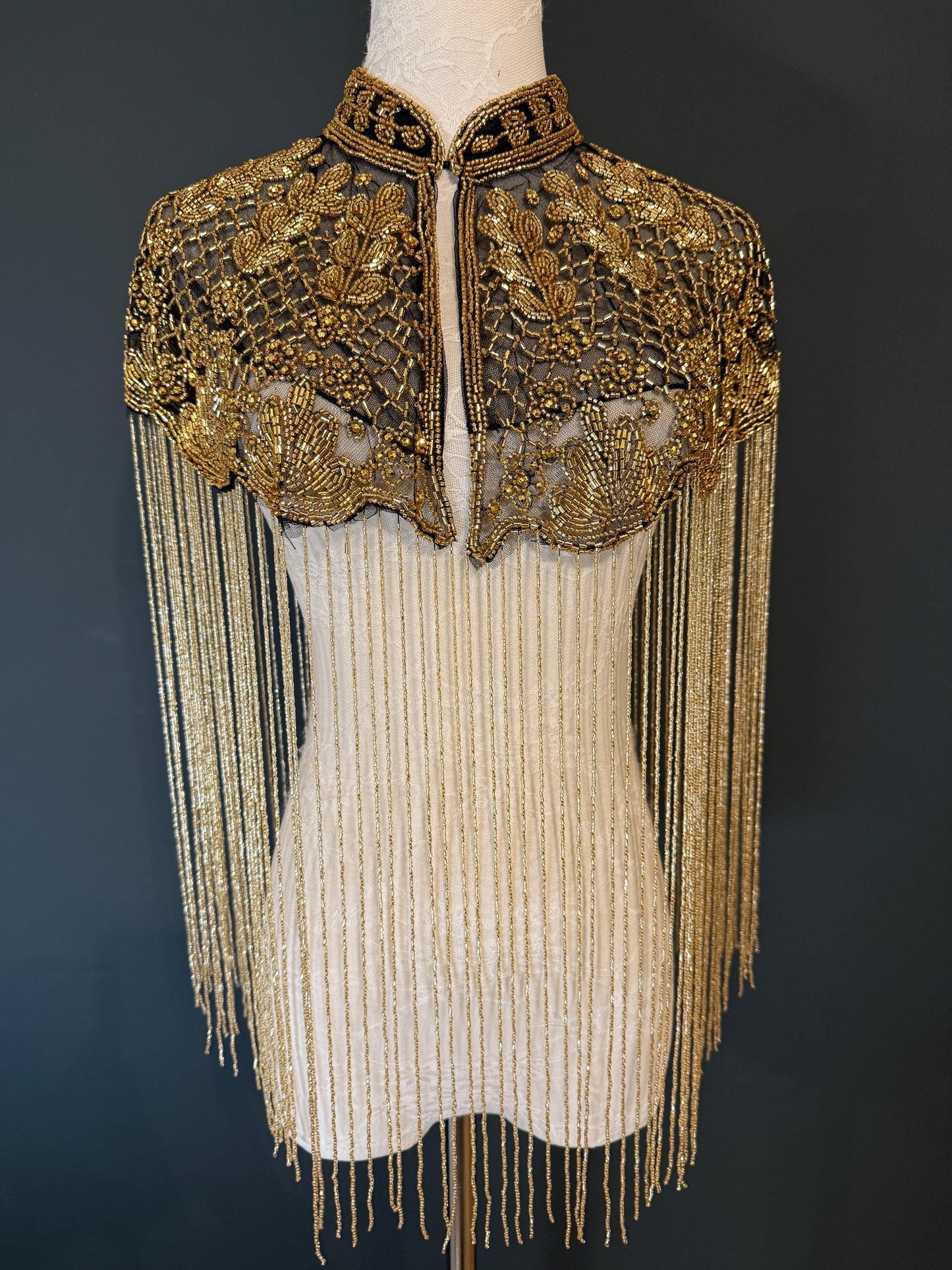 Beaded Fringe Cape Shawl – Handmade Gold or Silver Embellished Evening Wrap