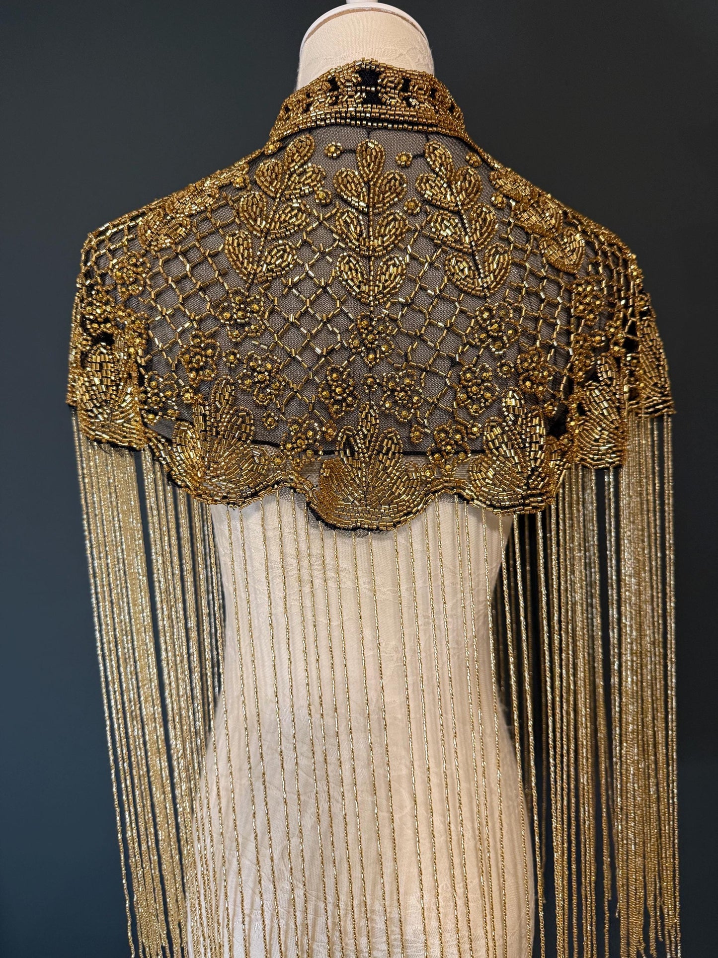 Beaded Fringe Cape Shawl – Handmade Gold or Silver Embellished Evening Wrap