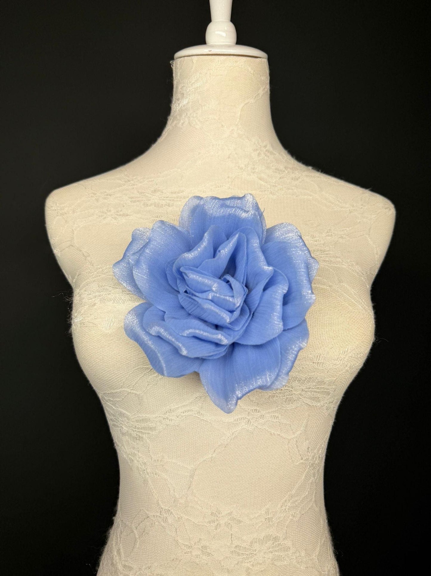 Black Handmade Organza Corsage Flower, Pin-On Brooch (6" Wide)