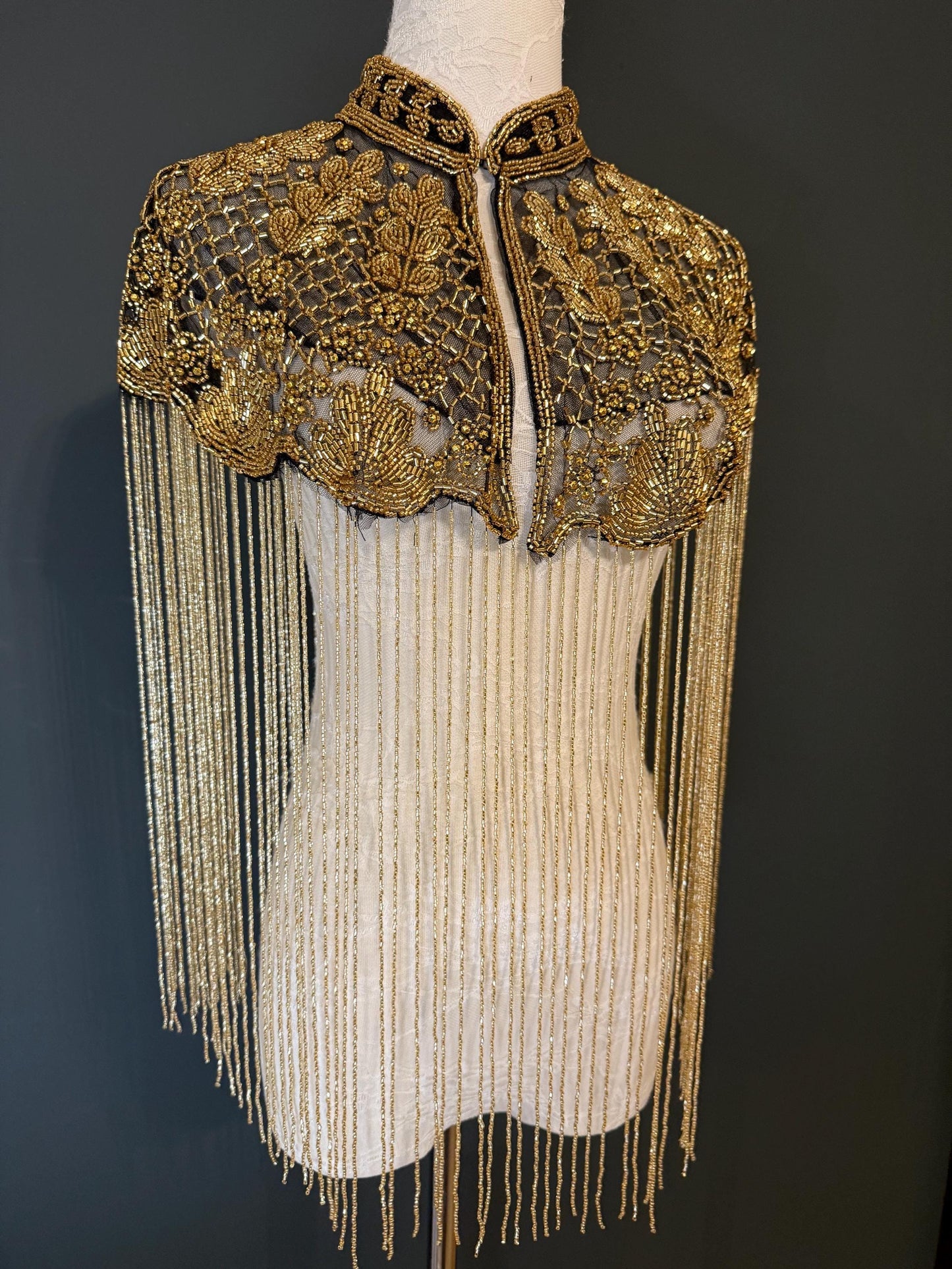 Beaded Fringe Cape Shawl – Handmade Gold or Silver Embellished Evening Wrap