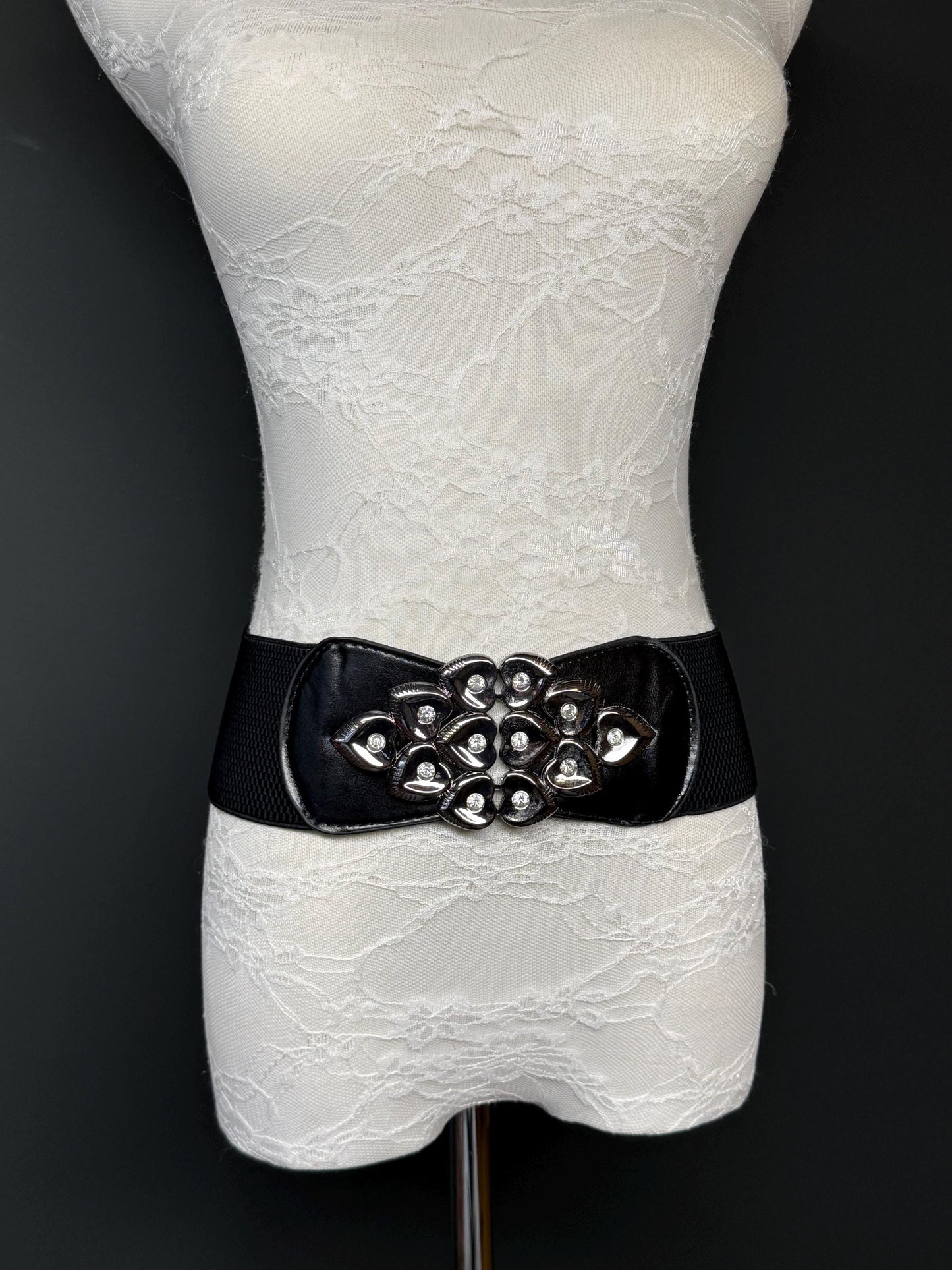 3” Belt-Wide Faux Leather Belt, Black Elastic Belt, Gift, Elasticated Belt, Stretch Belt, Corset Belt, Heart Design Vegan Belt