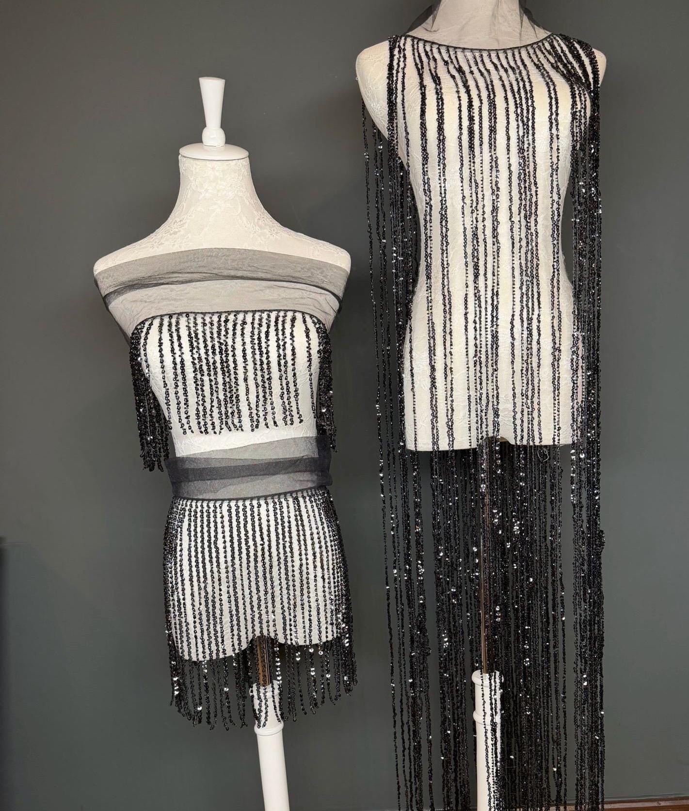 Black Beaded Fringe, 3 sizes, 4 colours, 52”, 12”, 6”, Champagne, White, Gold