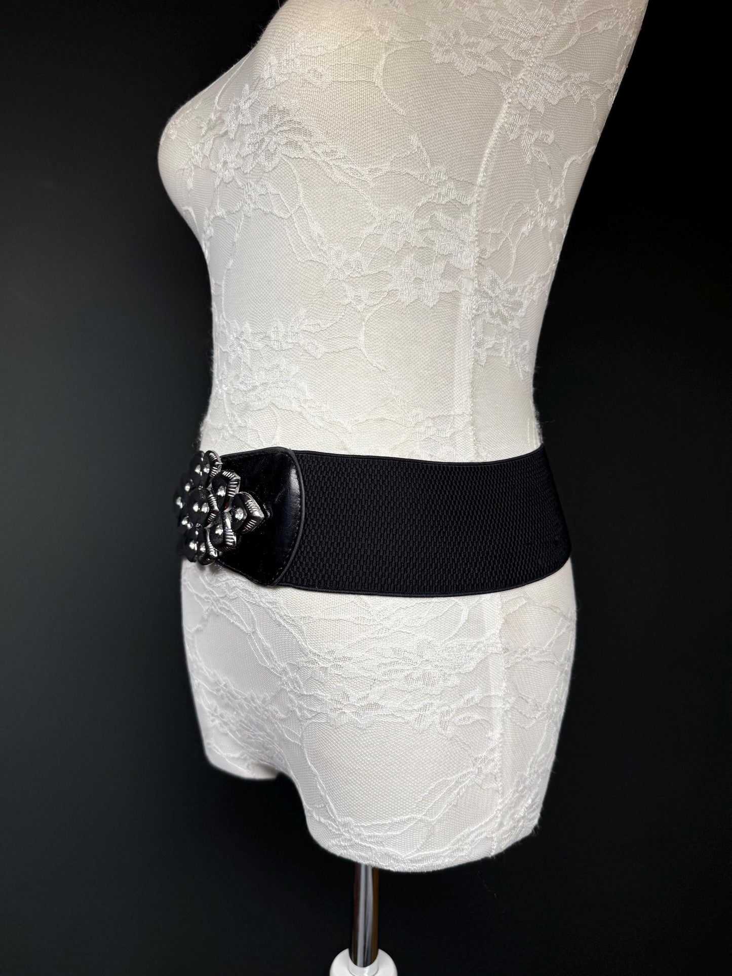 3” Belt-Wide Faux Leather Belt, Black Elastic Belt, Gift, Elasticated Belt, Stretch Belt, Corset Belt, Heart Design Vegan Belt
