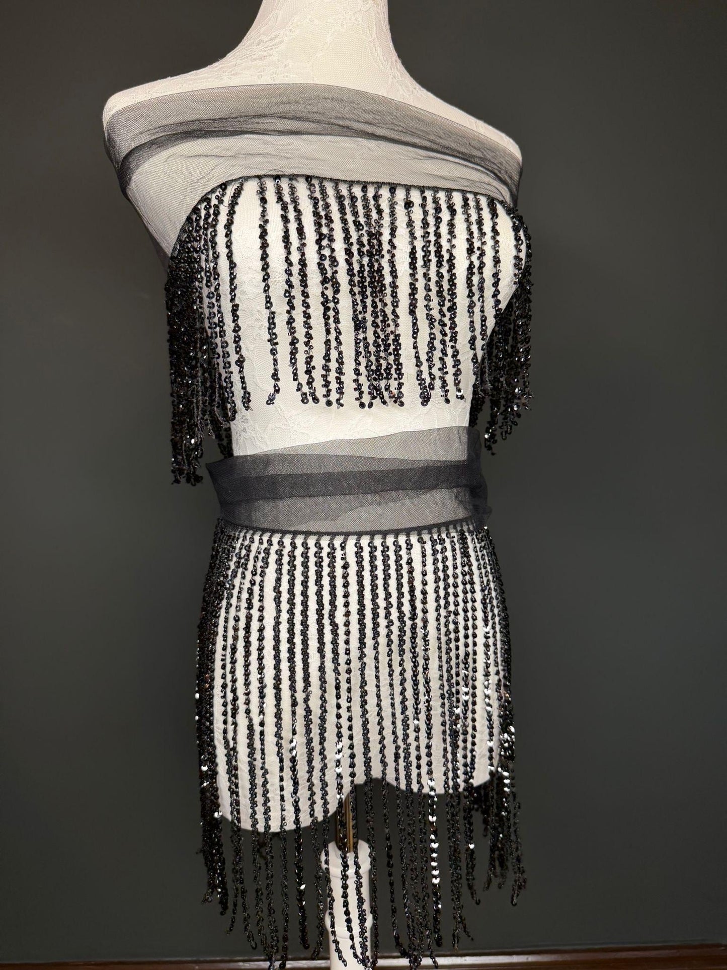 Black Beaded Fringe, 3 sizes, 4 colours, 52”, 12”, 6”, Champagne, White, Gold