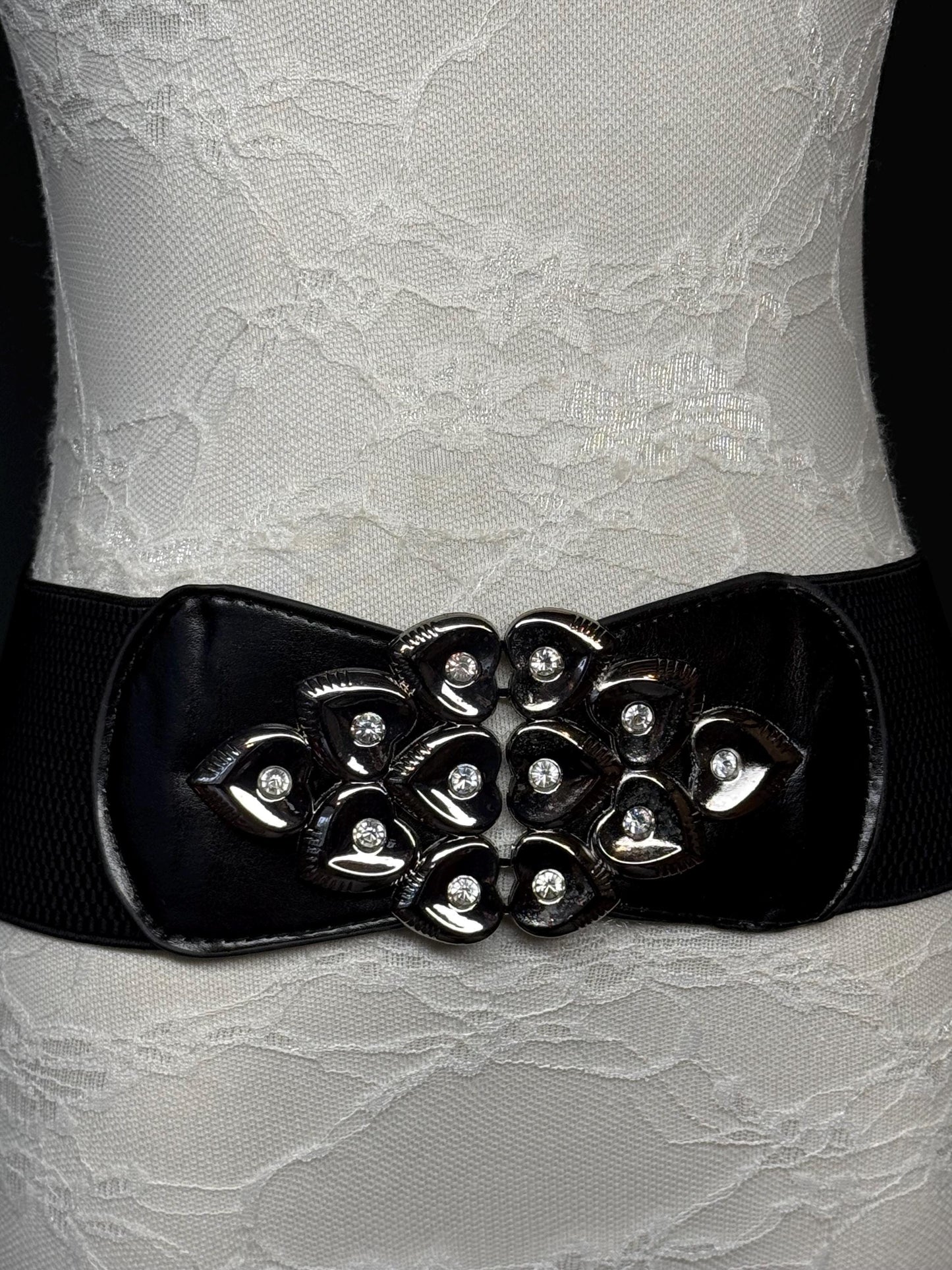 3” Belt-Wide Faux Leather Belt, Black Elastic Belt, Gift, Elasticated Belt, Stretch Belt, Corset Belt, Heart Design Vegan Belt