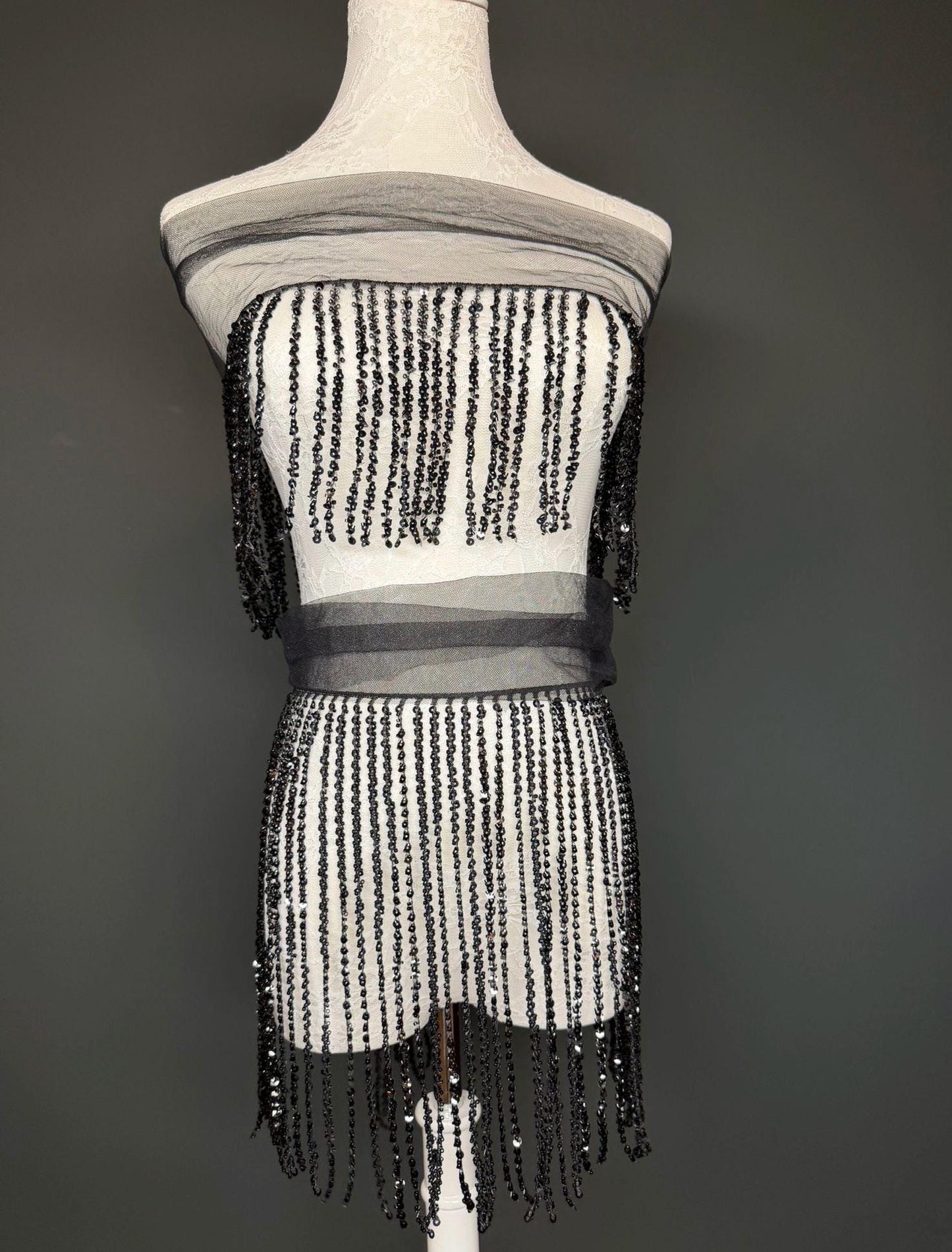 Black Beaded Fringe, 3 sizes, 4 colours, 52”, 12”, 6”, Champagne, White, Gold