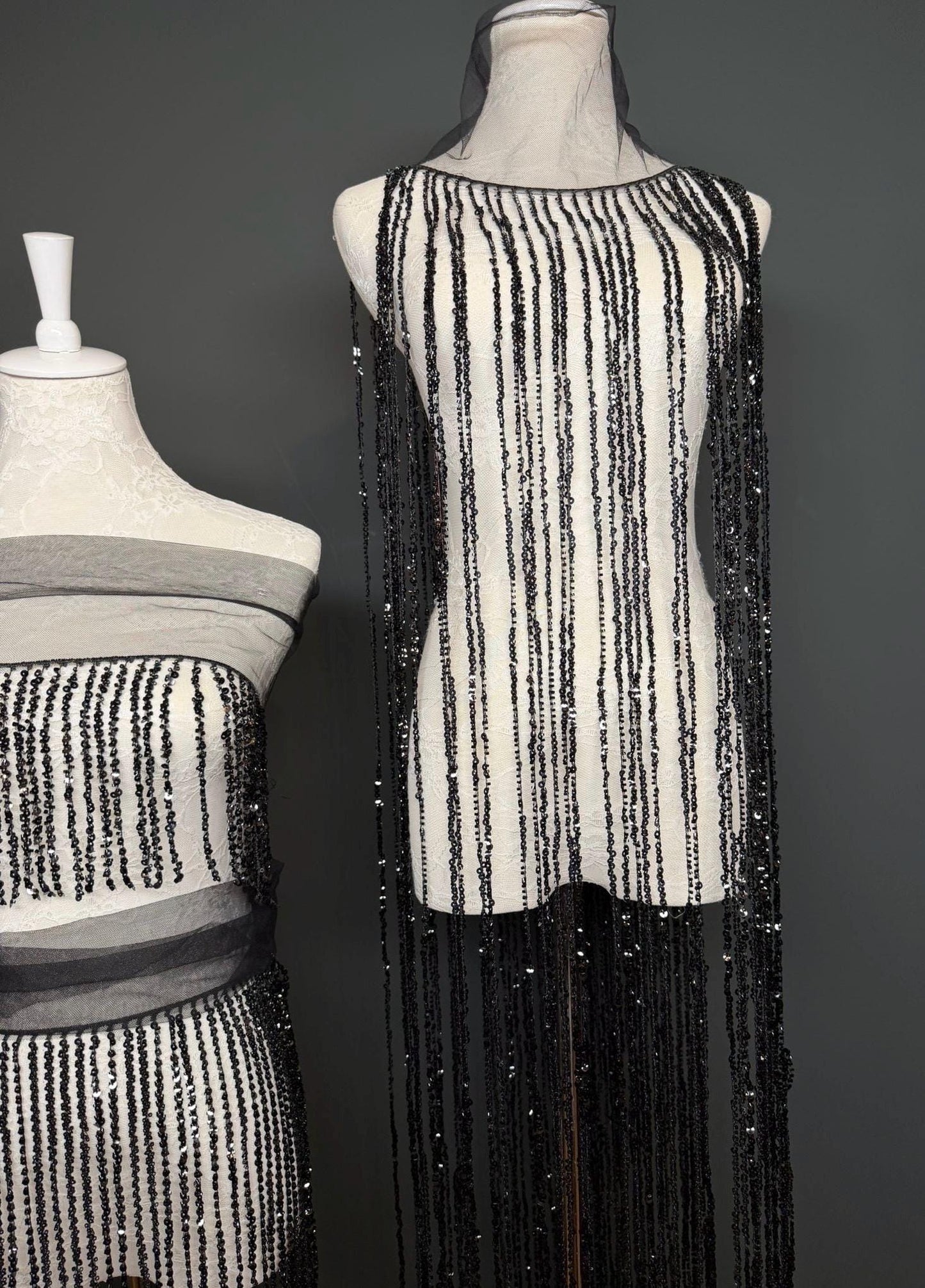 Black Beaded Fringe, 3 sizes, 4 colours, 52”, 12”, 6”, Champagne, White, Gold