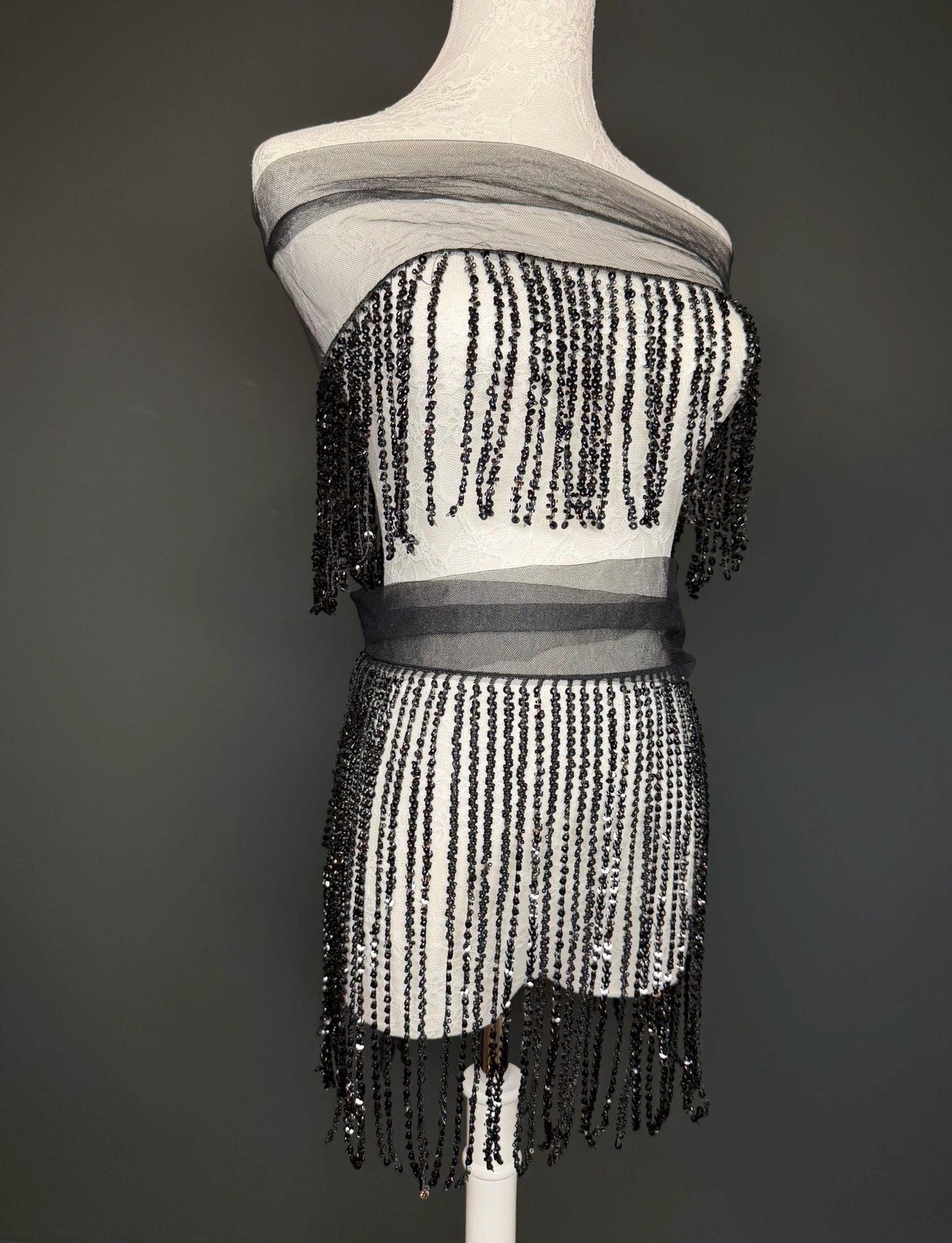 Black Beaded Fringe, 3 sizes, 4 colours, 52”, 12”, 6”, Champagne, White, Gold