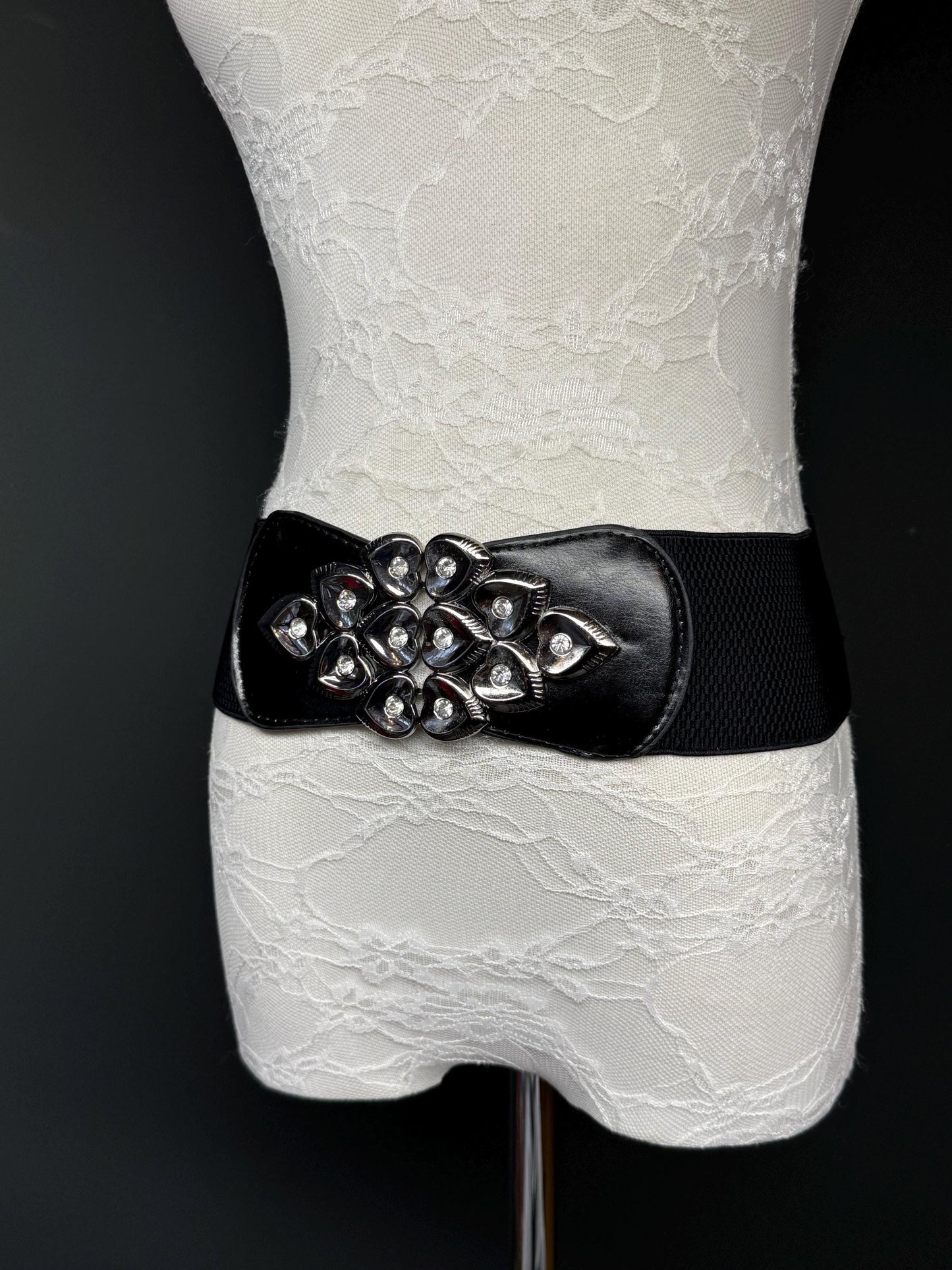 3” Belt-Wide Faux Leather Belt, Black Elastic Belt, Gift, Elasticated Belt, Stretch Belt, Corset Belt, Heart Design Vegan Belt