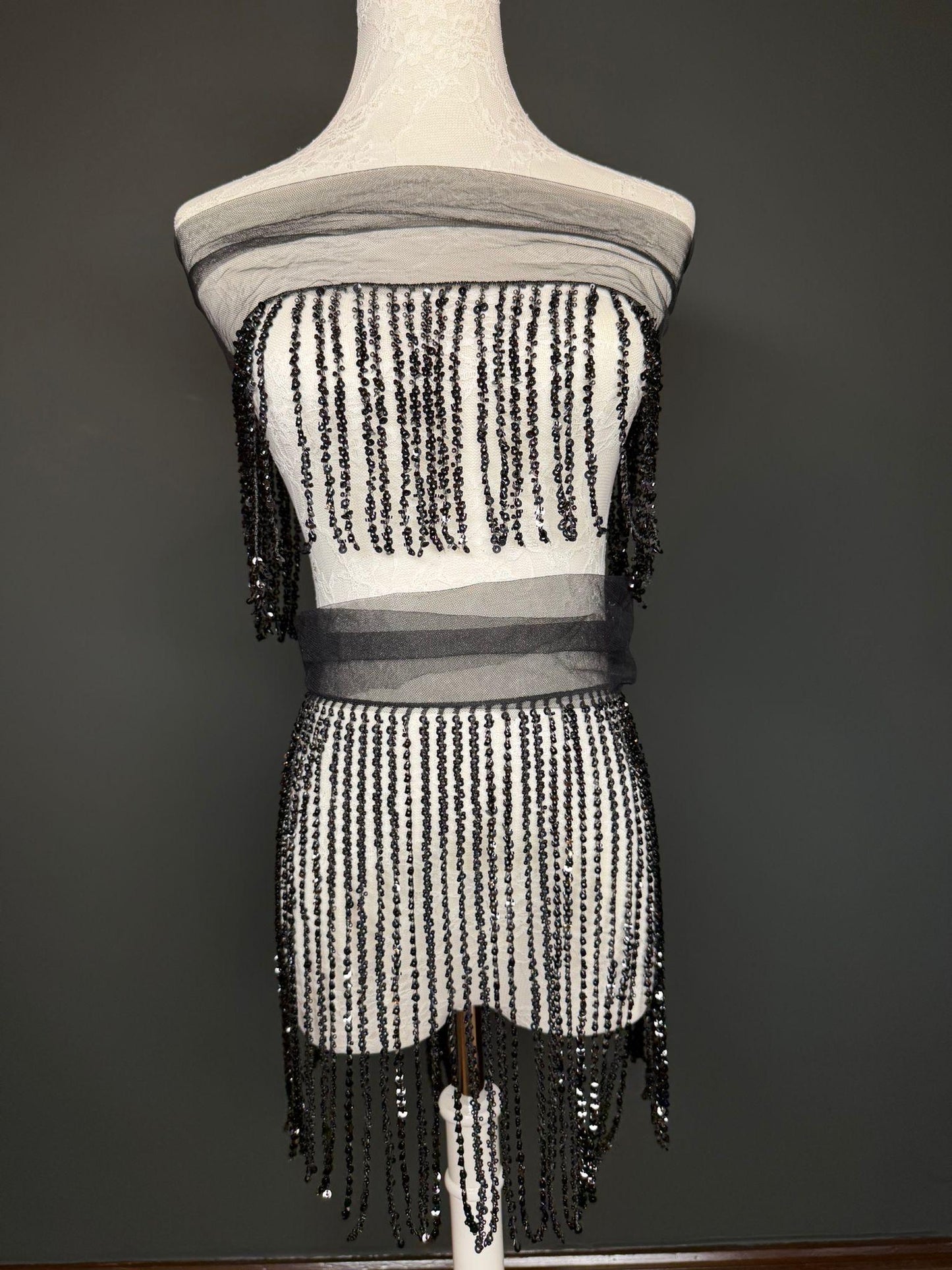 Black Beaded Fringe, 3 sizes, 4 colours, 52”, 12”, 6”, Champagne, White, Gold