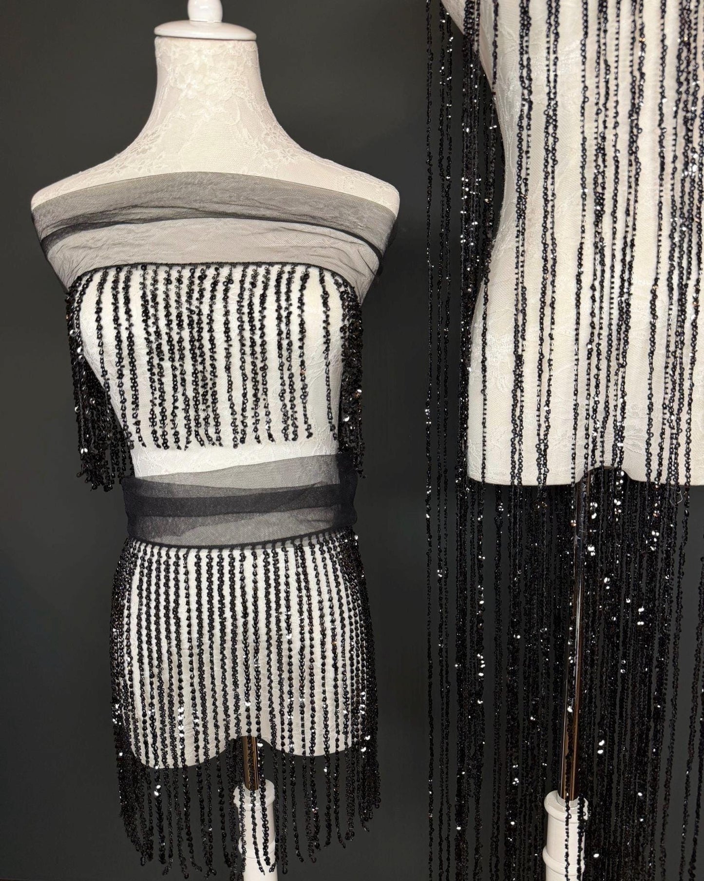 Black Beaded Fringe, 3 sizes, 4 colours, 52”, 12”, 6”, Champagne, White, Gold