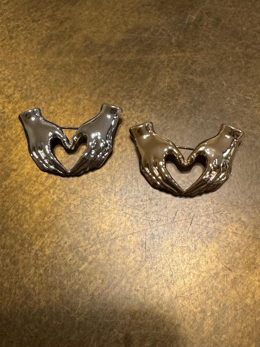 Love Heart Hand Design Metal Brooch, Brooch, Solid Metal, Accessory, Unusual, FAN Design, Brooches, Festival, Gift, Gold, Silver, 1 3/4”