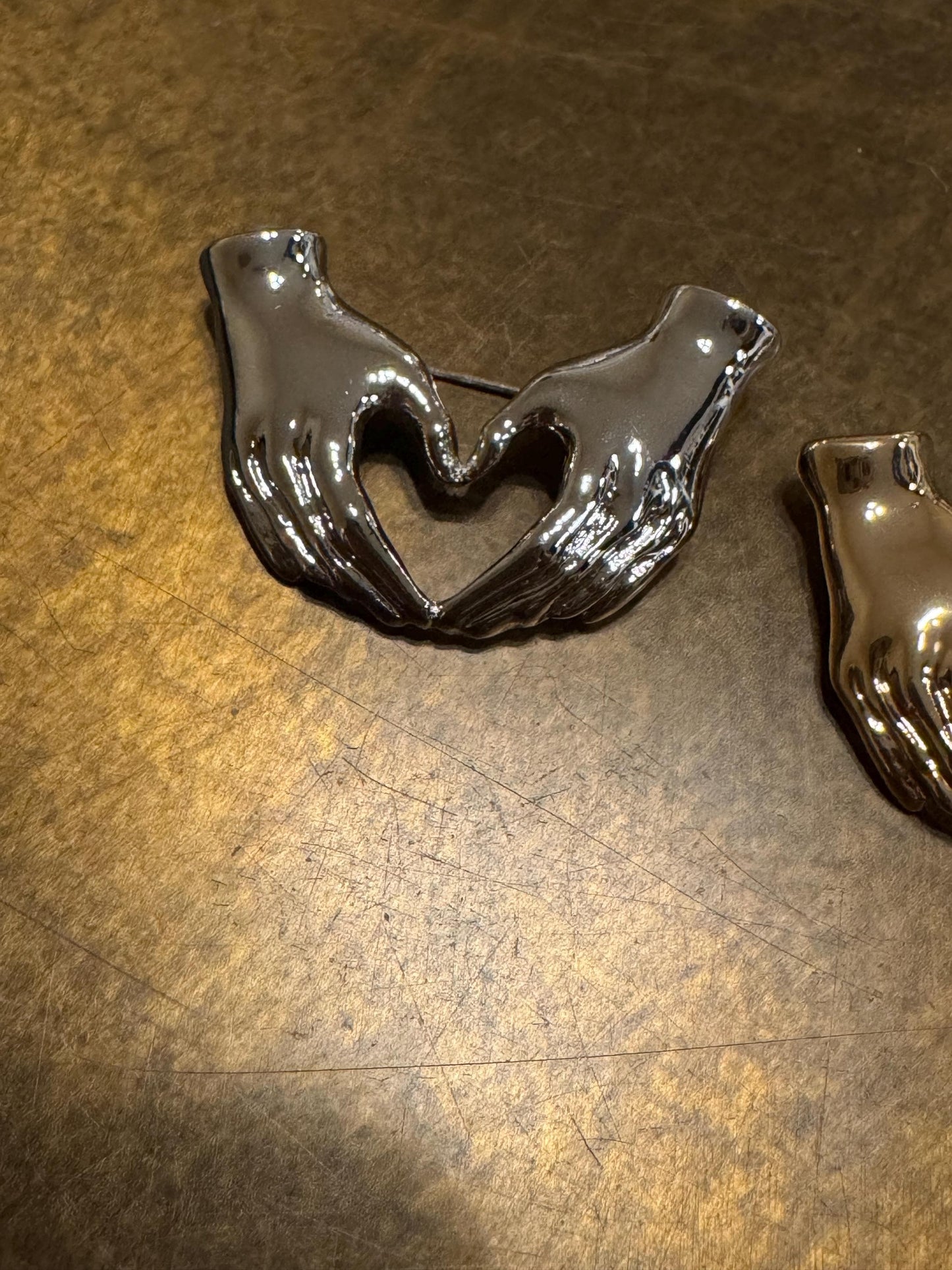 Love Heart Hand Design Metal Brooch, Brooch, Solid Metal, Accessory, Unusual, FAN Design, Brooches, Festival, Gift, Gold, Silver, 1 3/4”