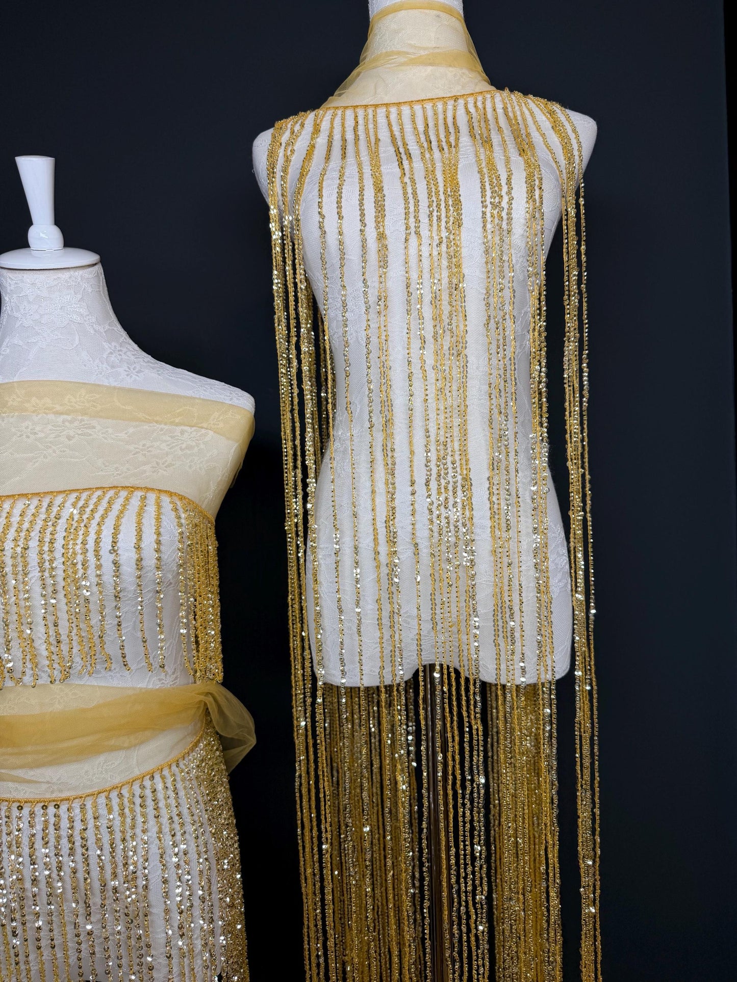 Gold Beaded Fringe, 3 sizes, 4 colours, 52”, 12”, 6”, Black, White, Champagne