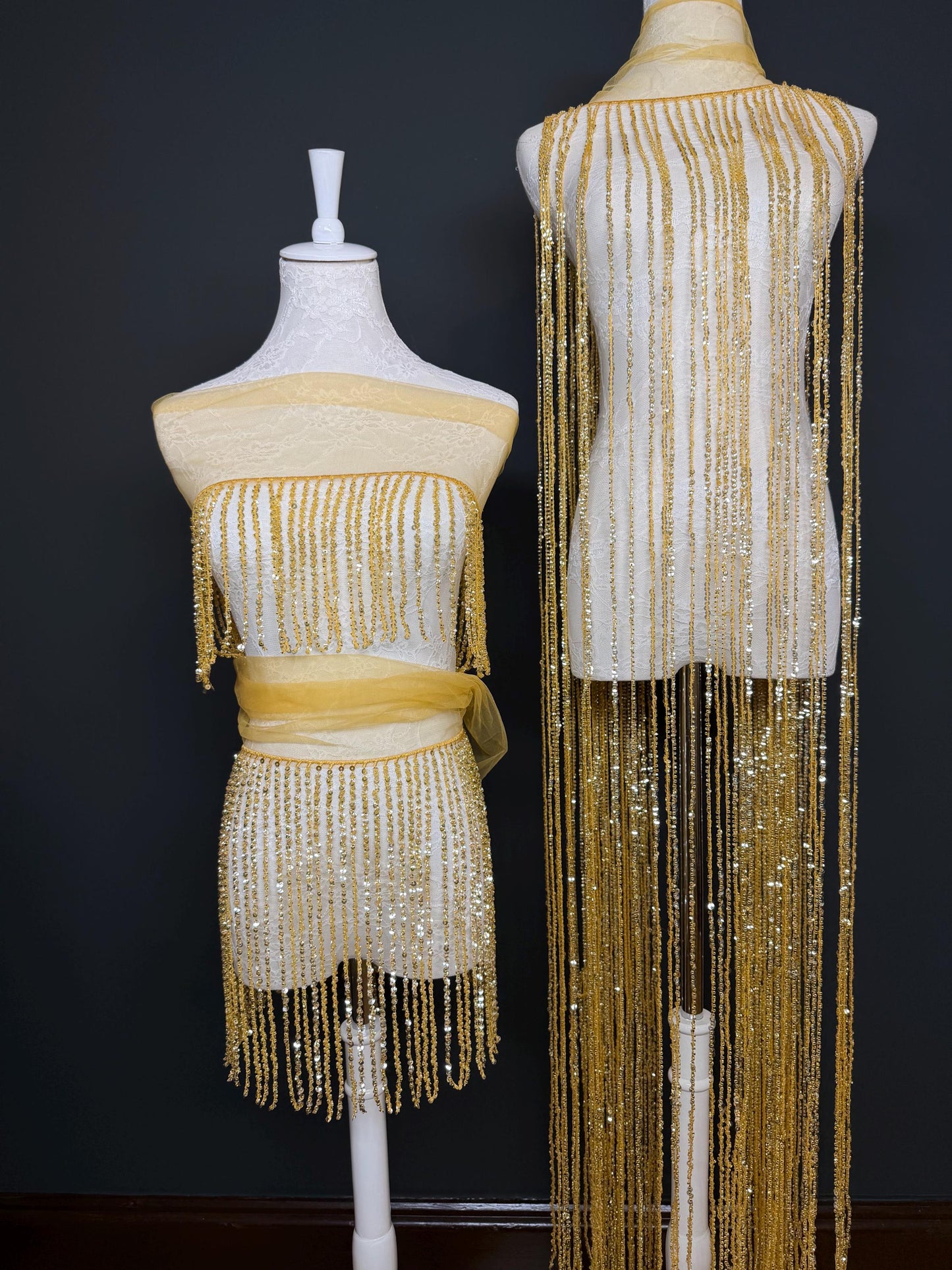 Gold Beaded Fringe, 3 sizes, 4 colours, 52”, 12”, 6”, Black, White, Champagne