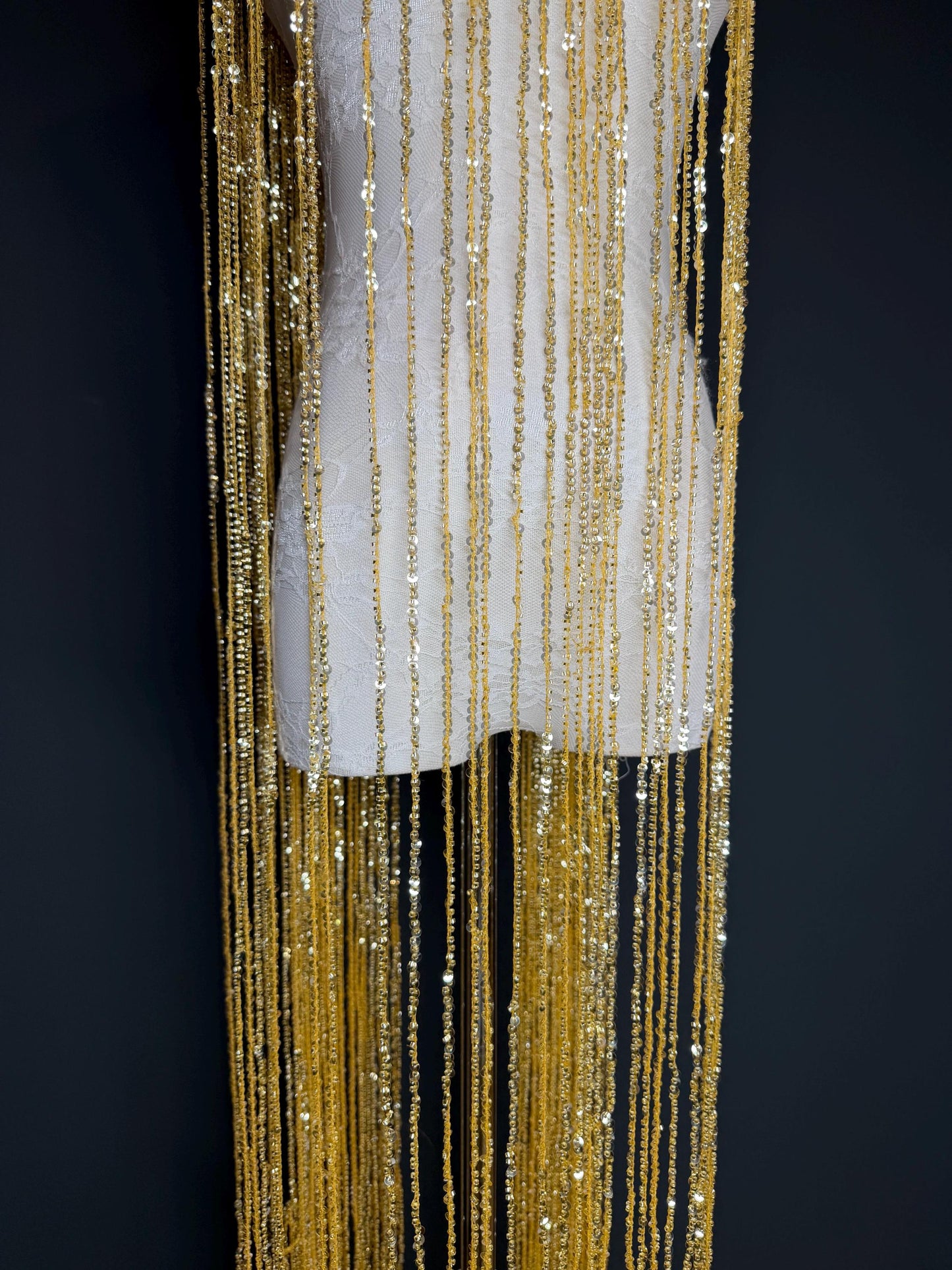 Gold Beaded Fringe, 3 sizes, 4 colours, 52”, 12”, 6”, Black, White, Champagne