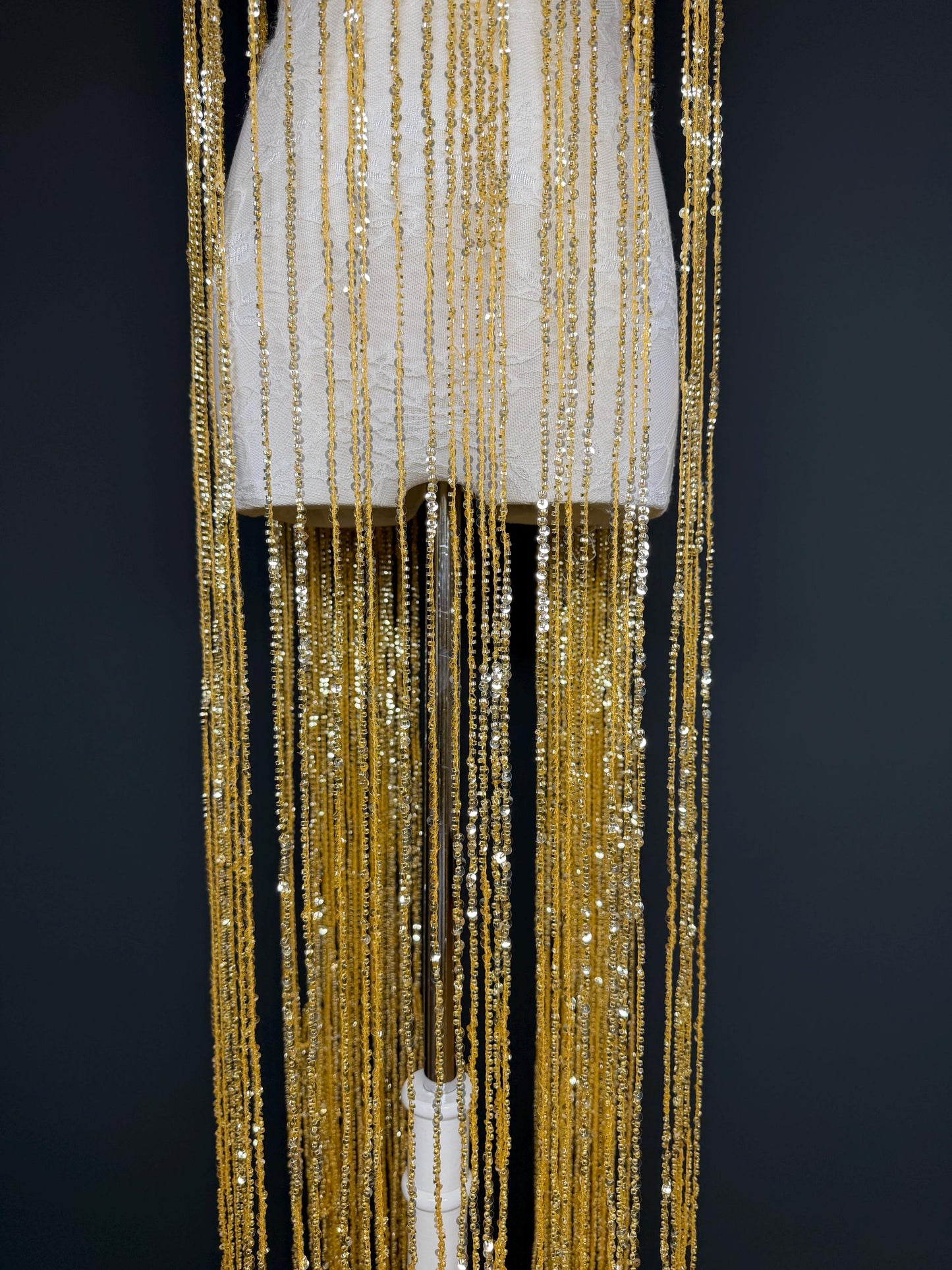 Gold Beaded Fringe, 3 sizes, 4 colours, 52”, 12”, 6”, Black, White, Champagne