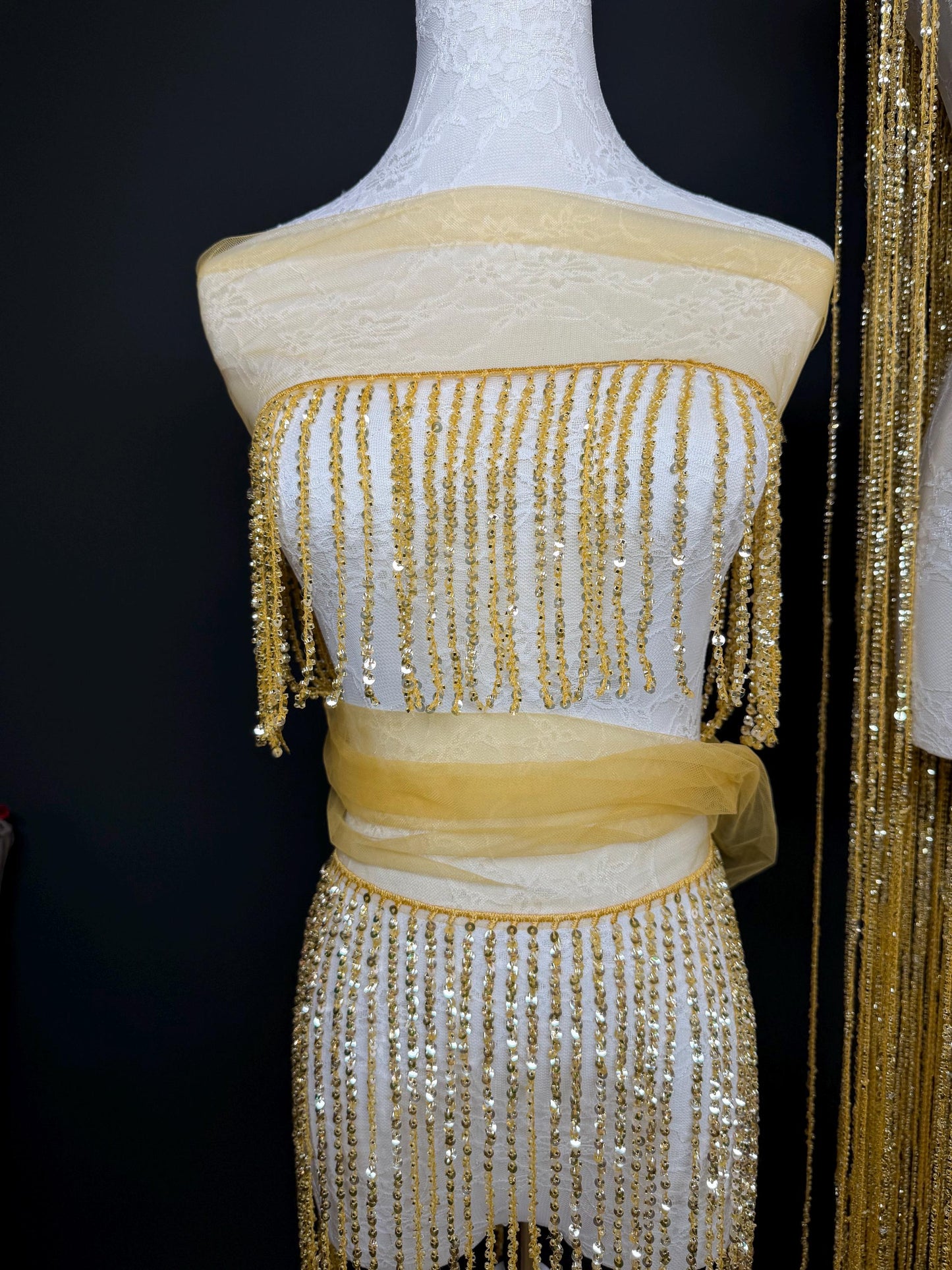 Gold Beaded Fringe, 3 sizes, 4 colours, 52”, 12”, 6”, Black, White, Champagne