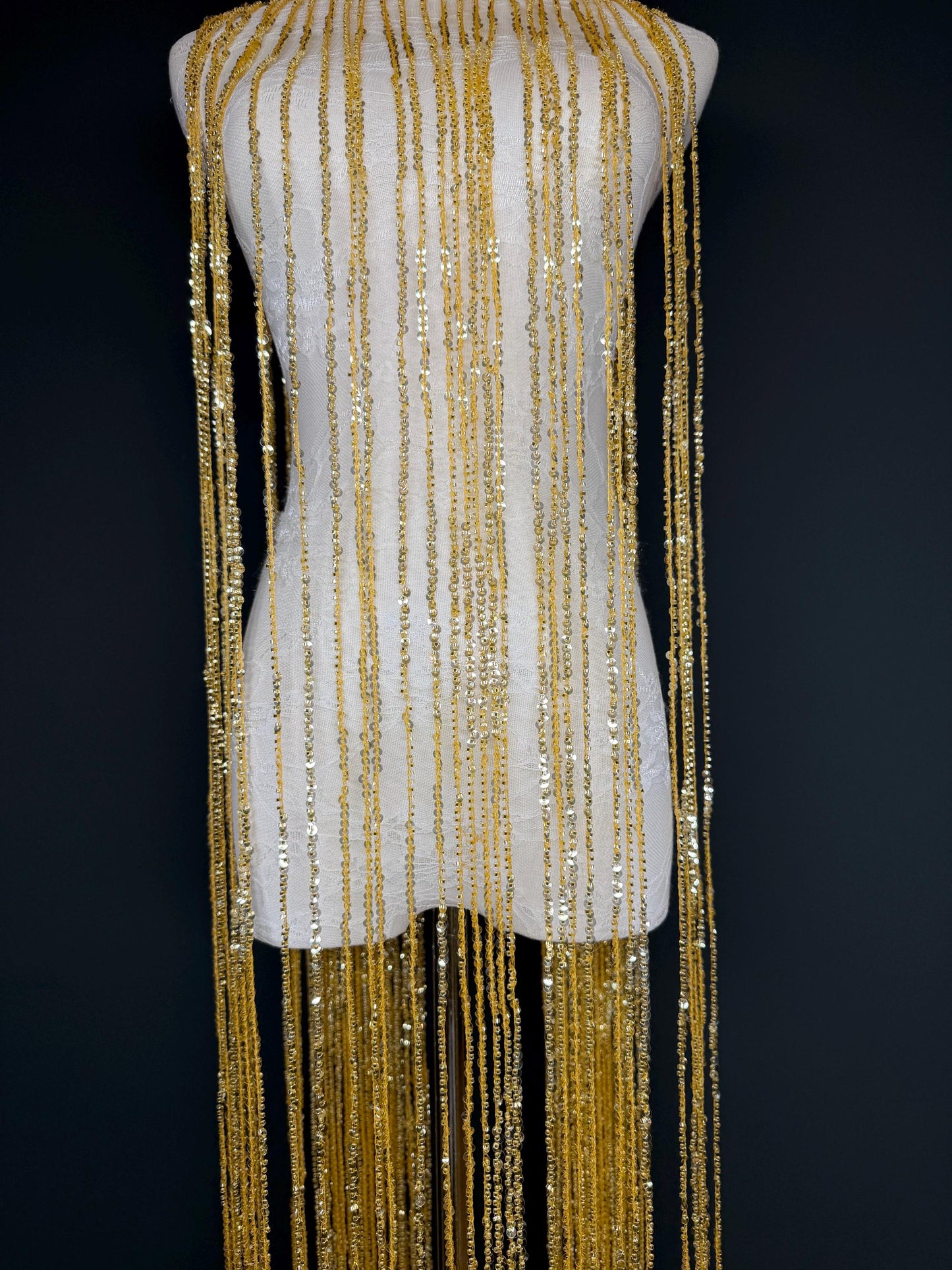 Gold Beaded Fringe, 3 sizes, 4 colours, 52”, 12”, 6”, Black, White, Champagne