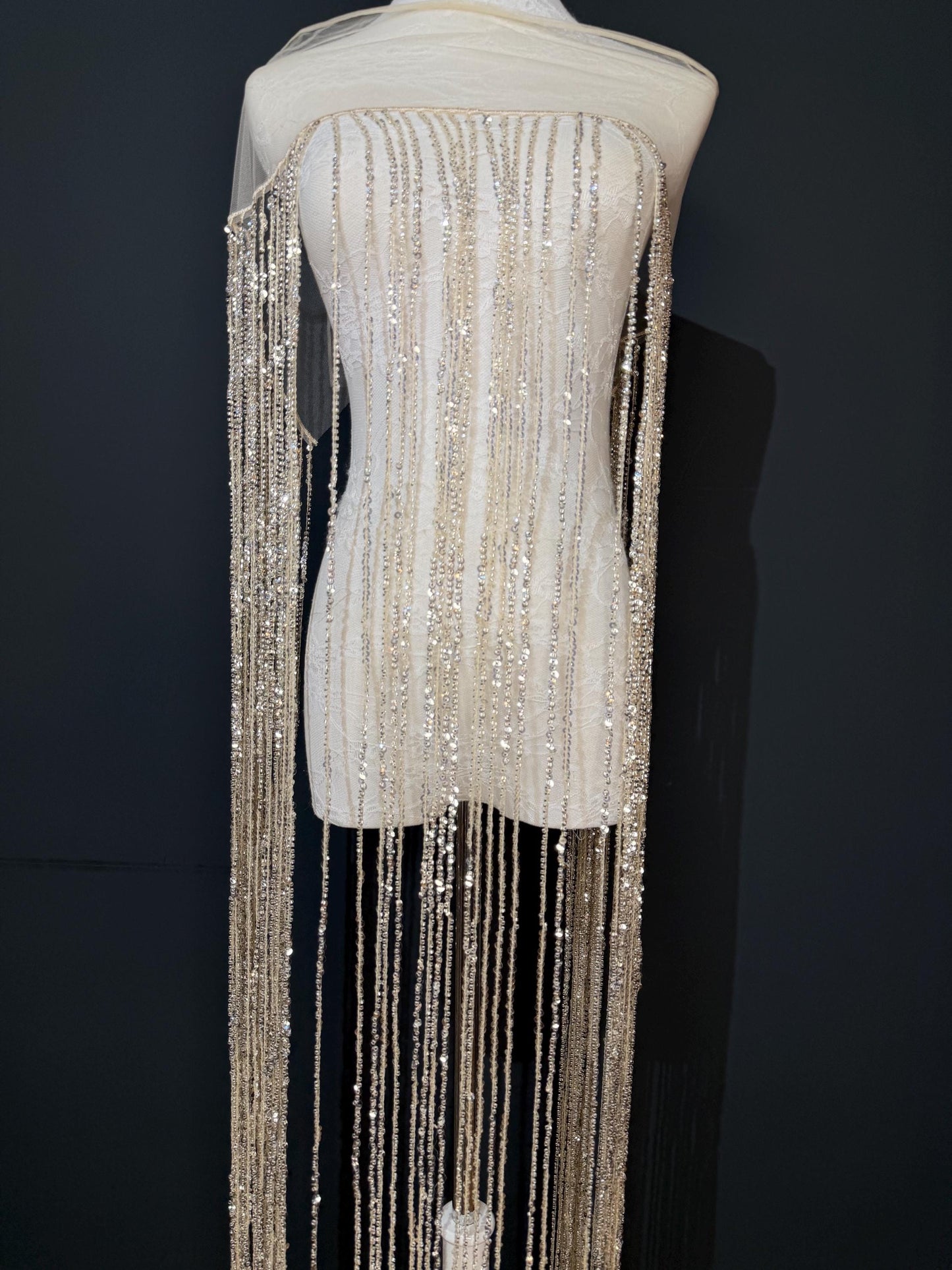 Gold Beaded Fringe, 3 sizes, 4 colours, 52”, 12”, 6”, Black, White, Champagne