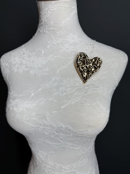 Large Metal Hammered Heart Brooch, Gold Heart Metal Brooch, Pin on, Accessory, 3” x 2.5” Wide, Unusual, Gift, FAN Design, Brooches, Elegant