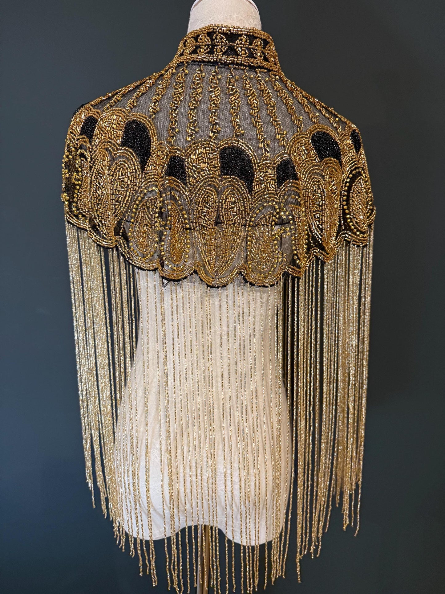 Beaded Fringe Cape Shawl – Handmade Gold or Silver Embellished Evening Wrap
