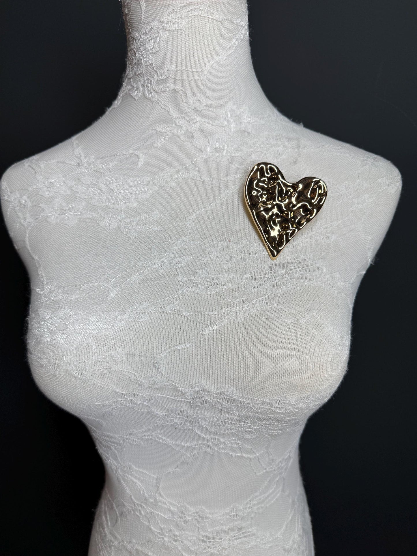 Large Metal Hammered Heart Brooch, Gold Heart Metal Brooch, Pin on, Accessory, 3” x 2.5” Wide, Unusual, Gift, FAN Design, Brooches, Elegant