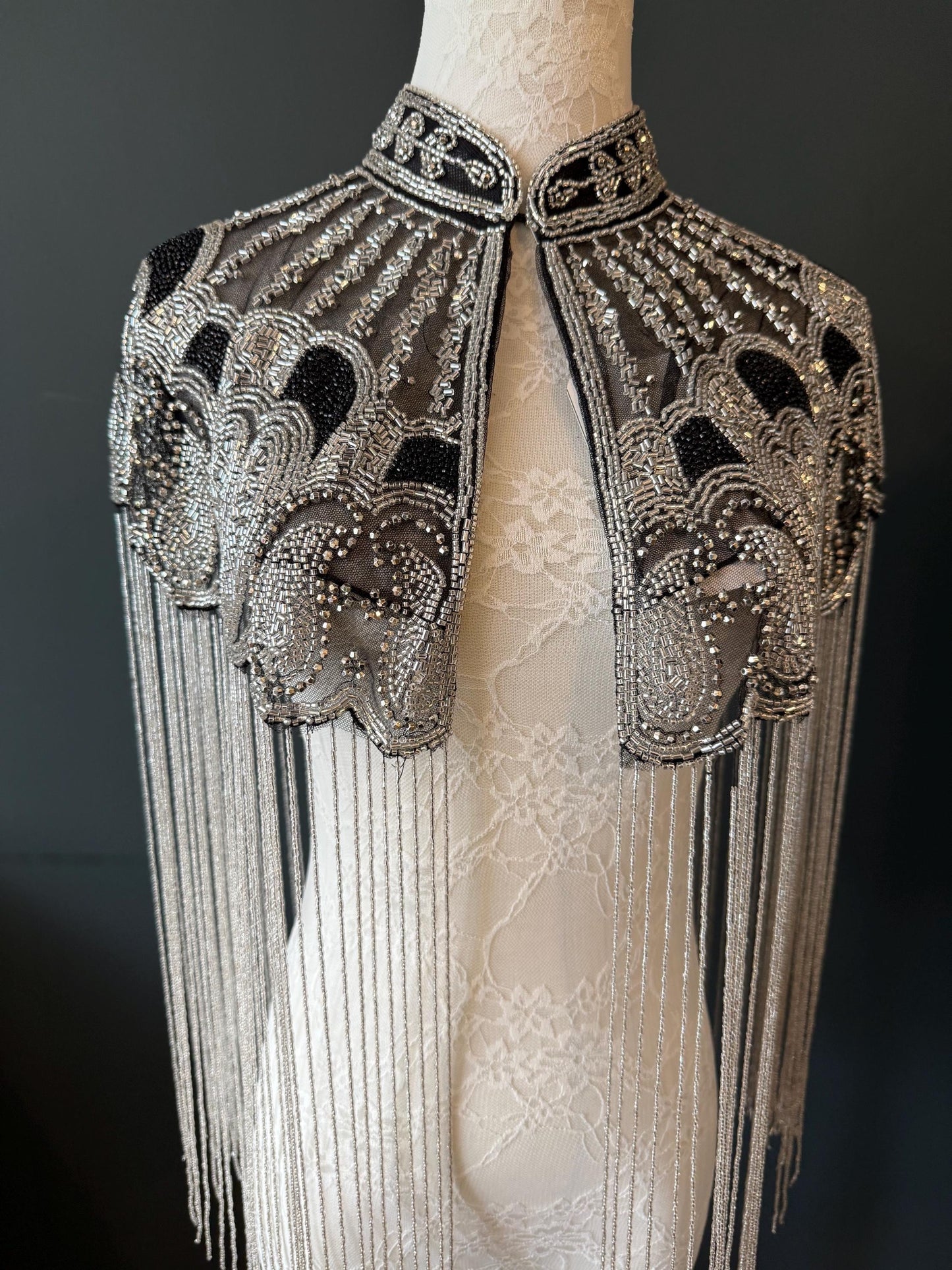 Beaded Fringe Cape Shawl – Handmade Gold or Silver Embellished Evening Wrap