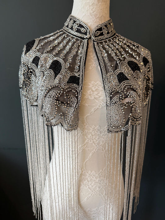 Beaded Fringe Cape Shawl – Handmade Gold or Silver Embellished Evening Wrap