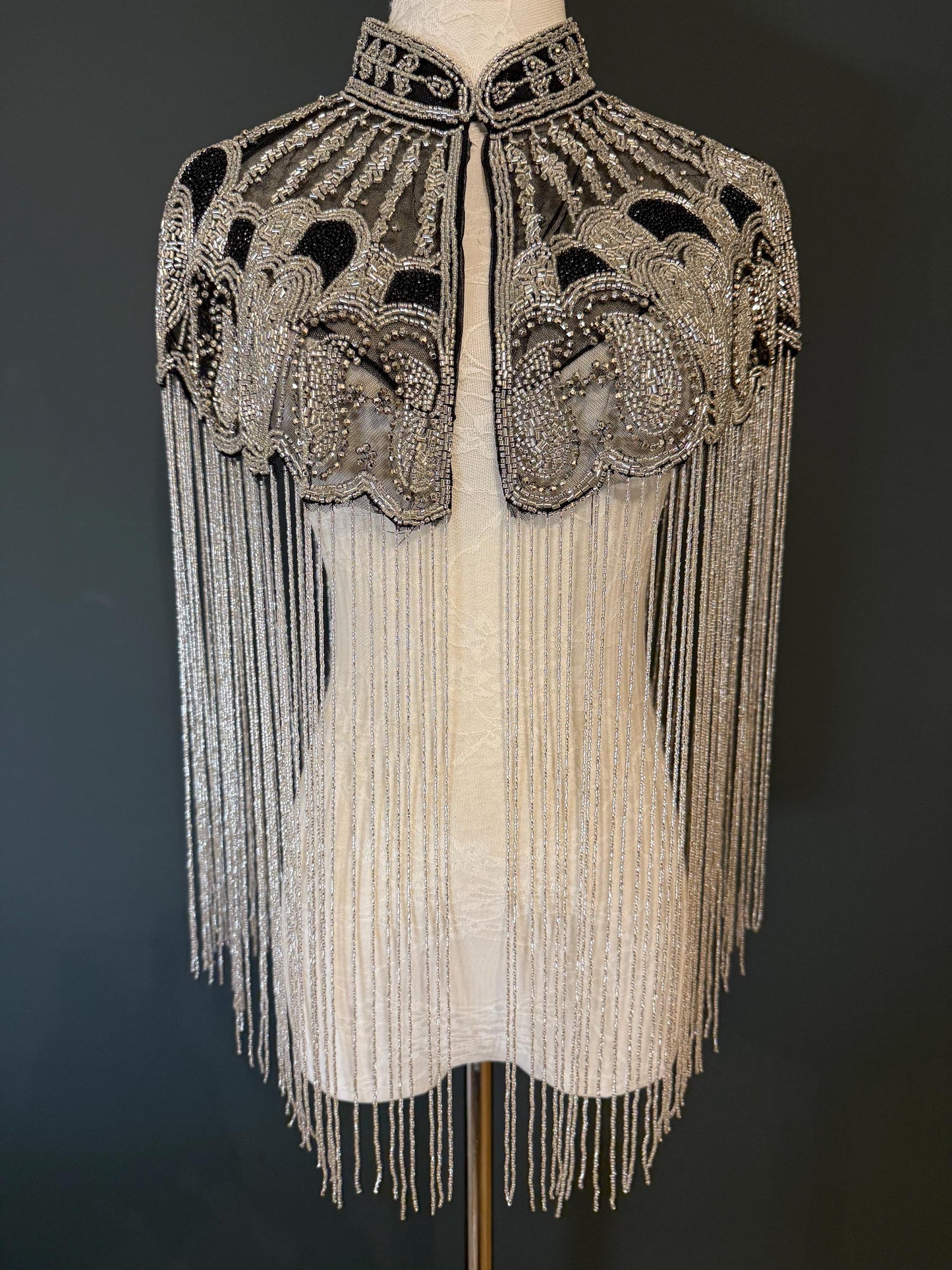Beaded Fringe Cape Shawl – Handmade Gold or Silver Embellished Evening Wrap