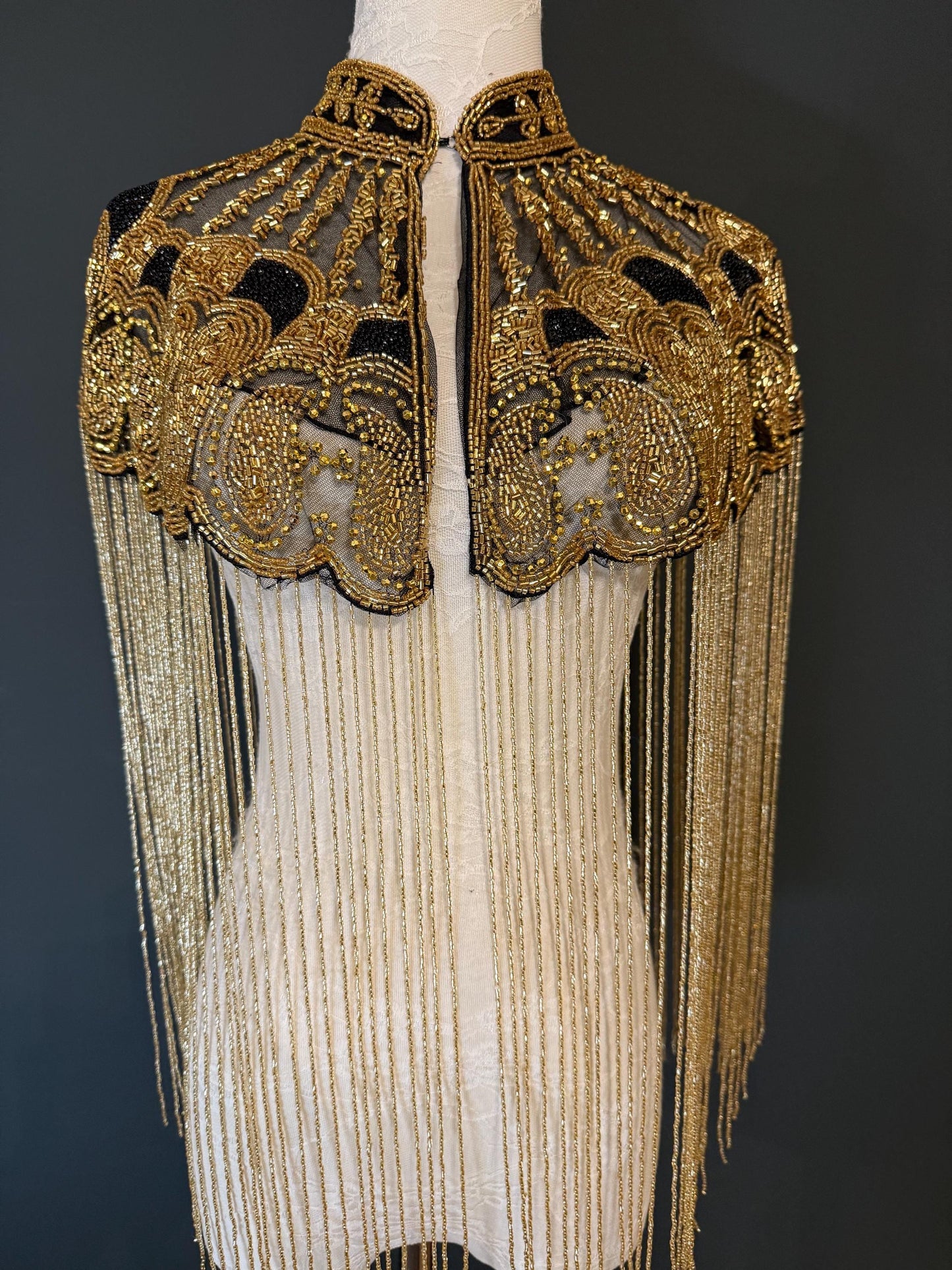 Beaded Fringe Cape Shawl – Handmade Gold or Silver Embellished Evening Wrap