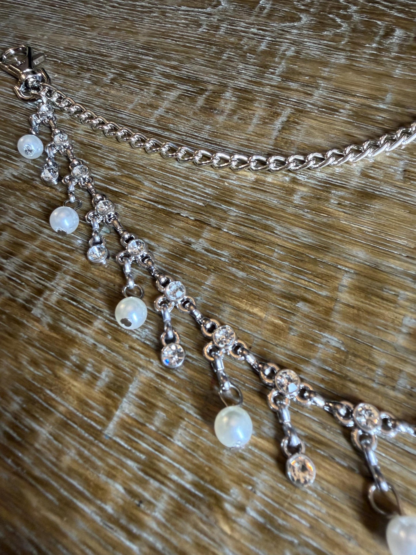 Jeans Chain, Fashion Chain, Silver, Pearl, Rhinestone, Gifts, Jeans, Chain, Festival, Bags, Necklace, 2 Row Chain