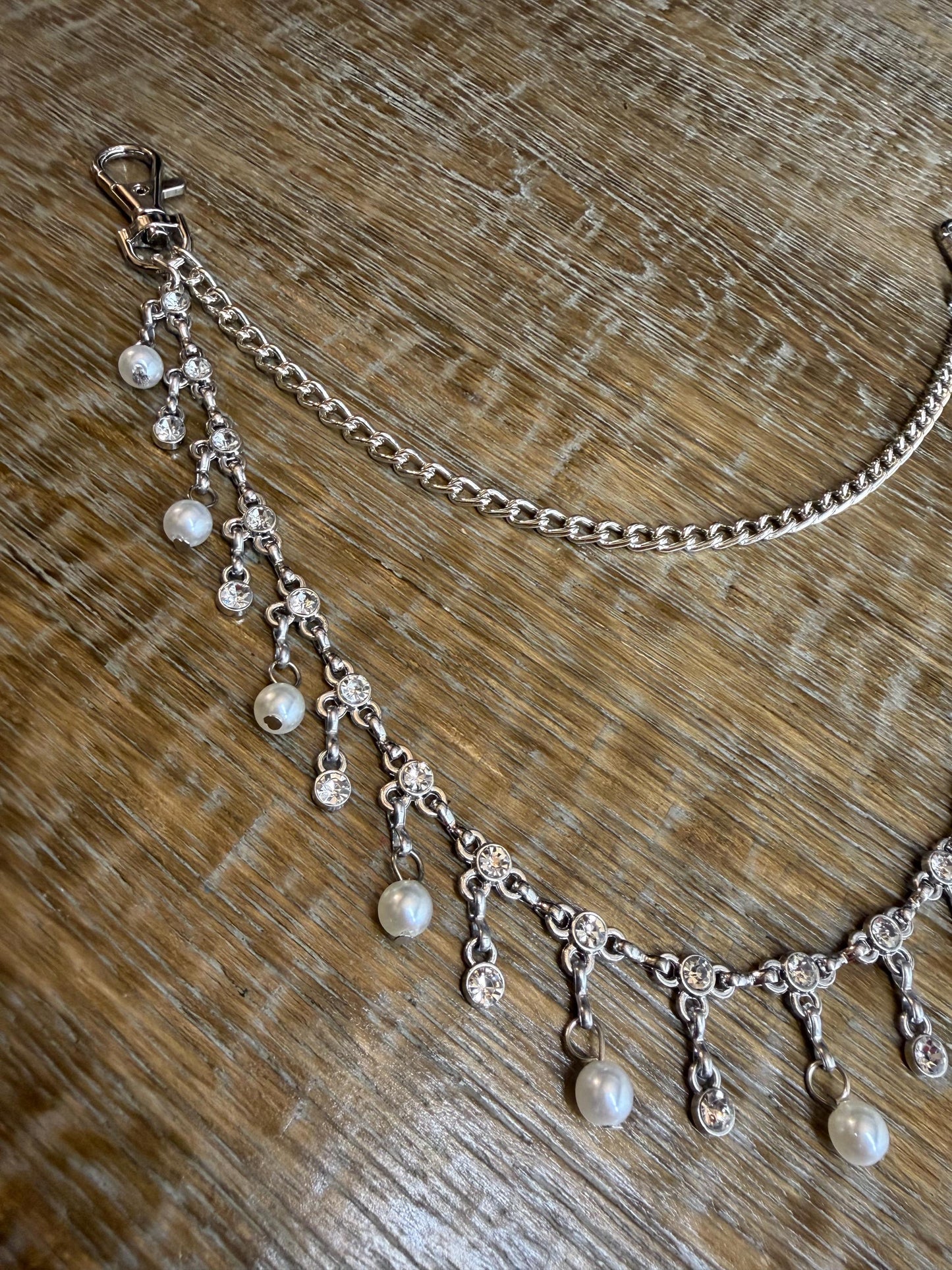 Jeans Chain, Fashion Chain, Silver, Pearl, Rhinestone, Gifts, Jeans, Chain, Festival, Bags, Necklace, 2 Row Chain