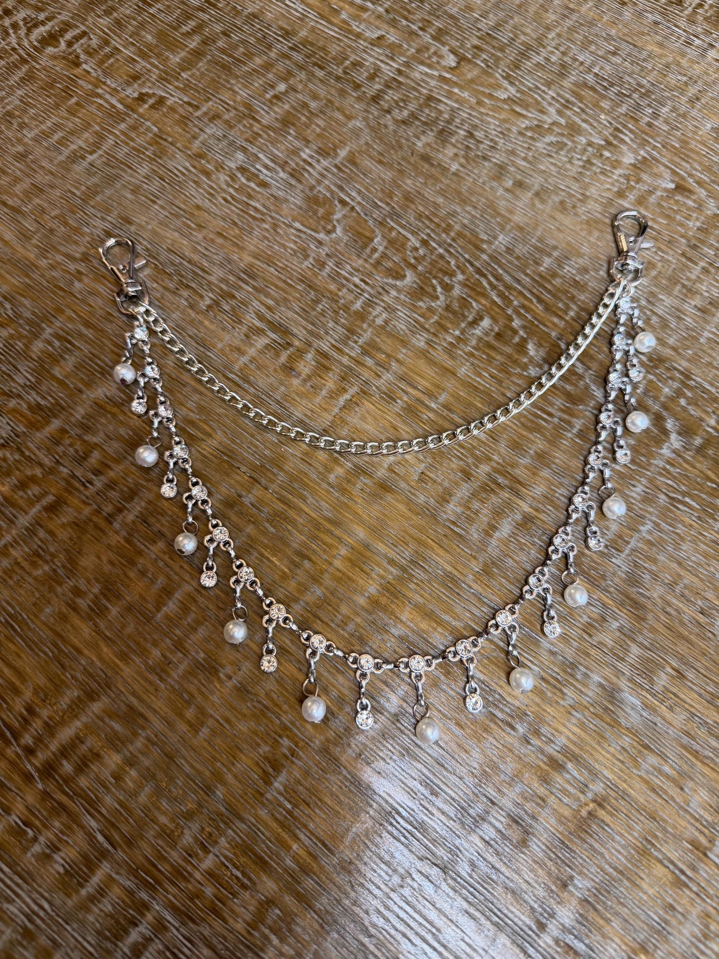 Jeans Chain, Fashion Chain, Silver, Pearl, Rhinestone, Gifts, Jeans, Chain, Festival, Bags, Necklace, 2 Row Chain