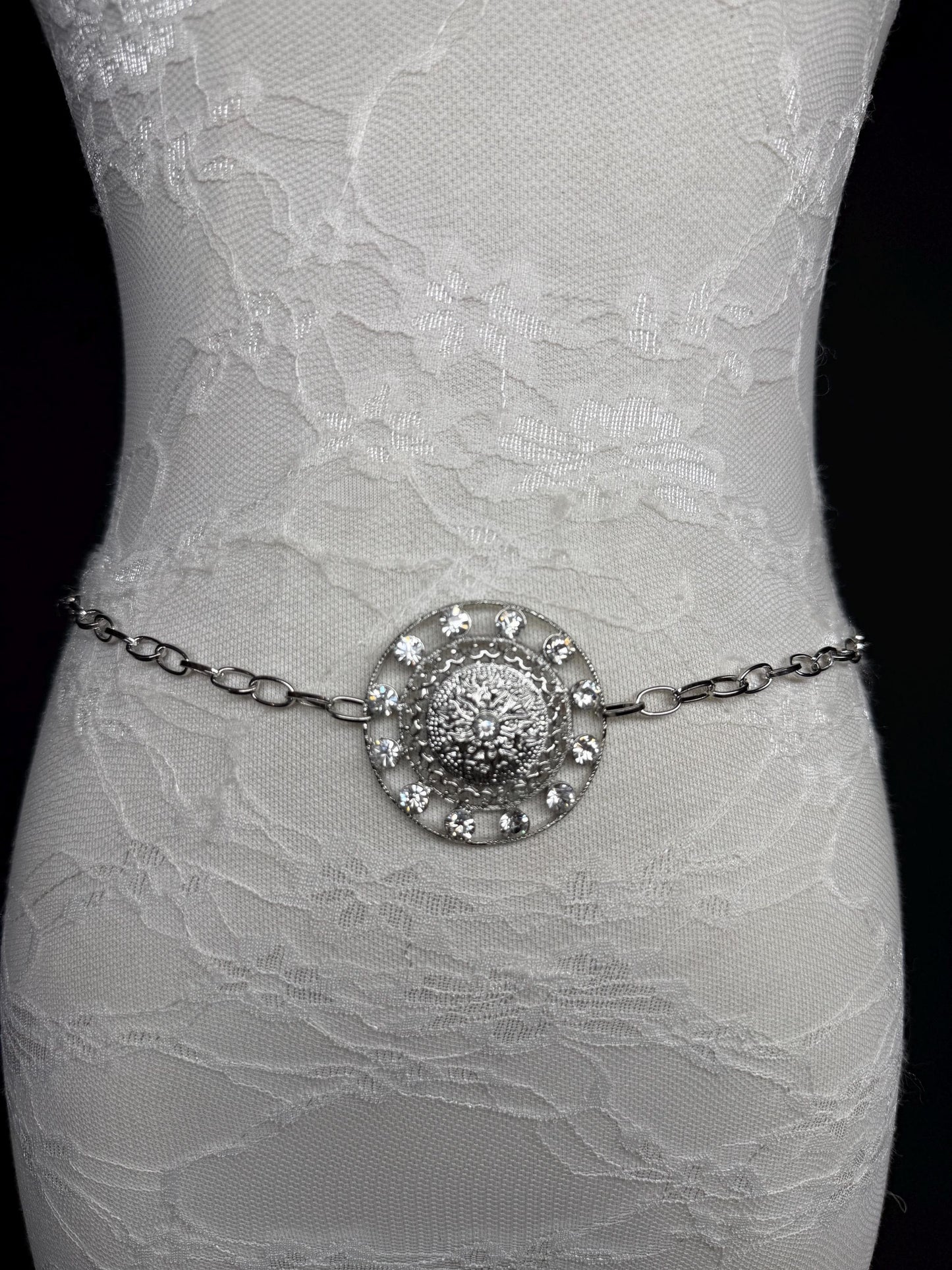 Rhinestone Silver Ring Chain Belt, Handmade to Measure 18–60 Inch Waist