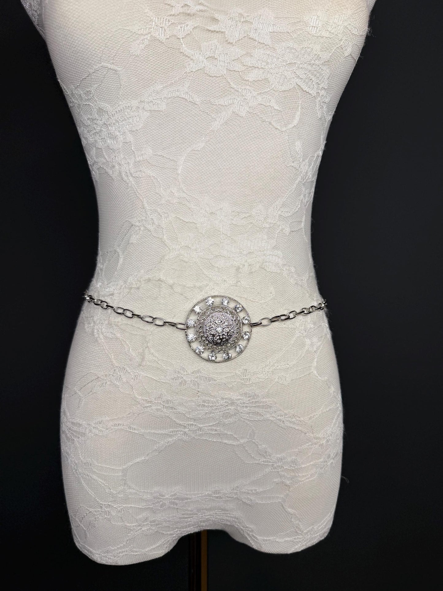 Rhinestone Silver Ring Chain Belt, Handmade to Measure 18–60 Inch Waist