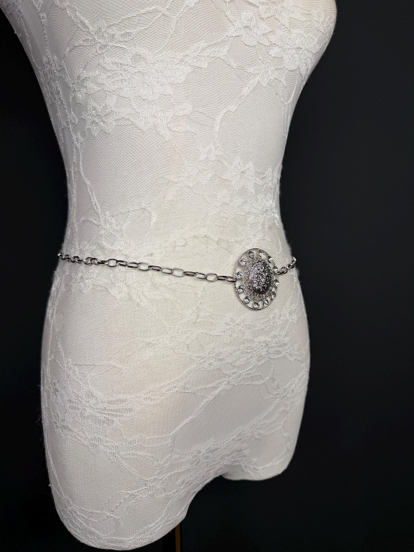 Rhinestone Silver Ring Chain Belt, Handmade to Measure 18–60 Inch Waist