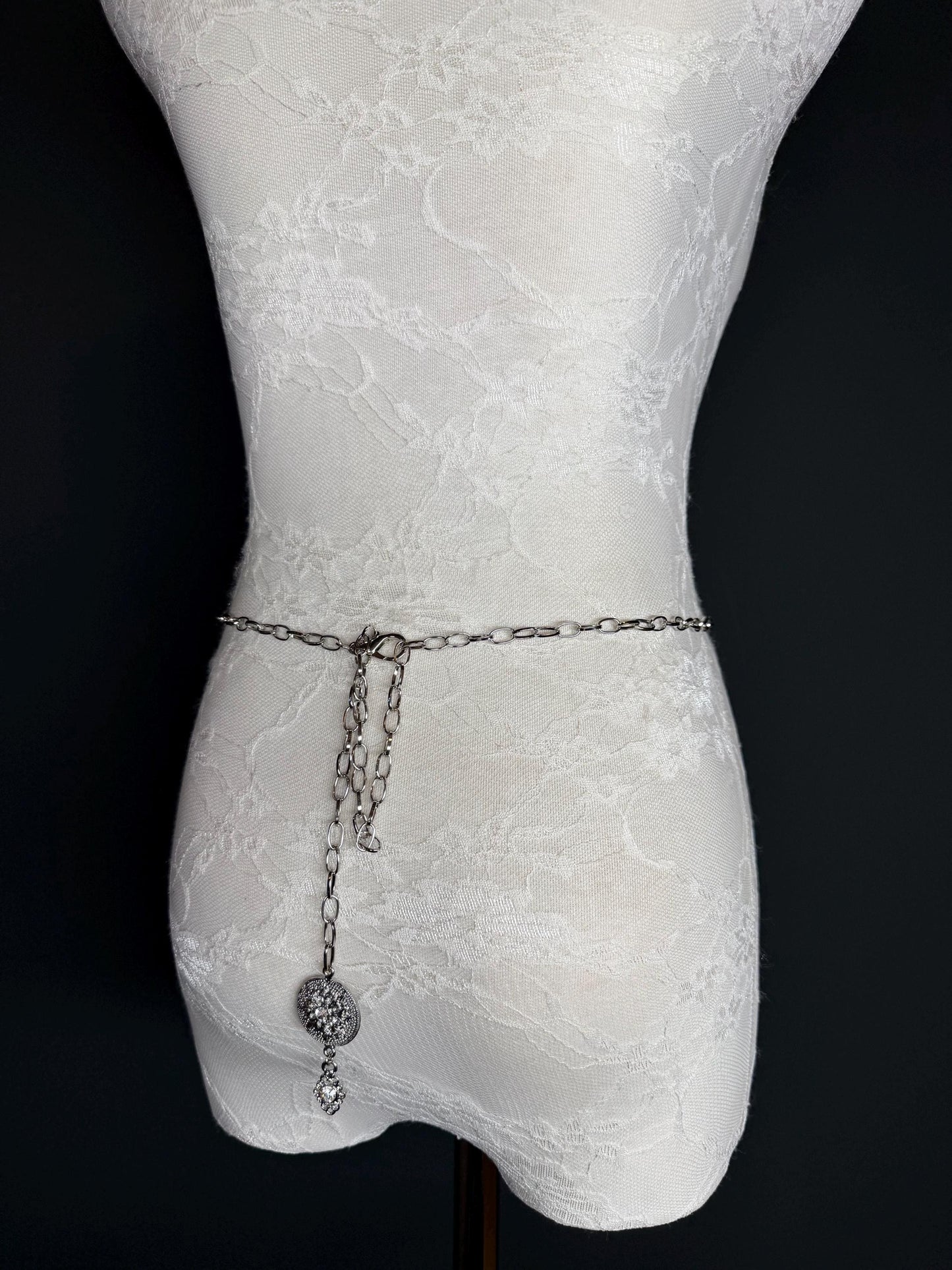 Rhinestone Silver Ring Chain Belt, Handmade to Measure 18–60 Inch Waist