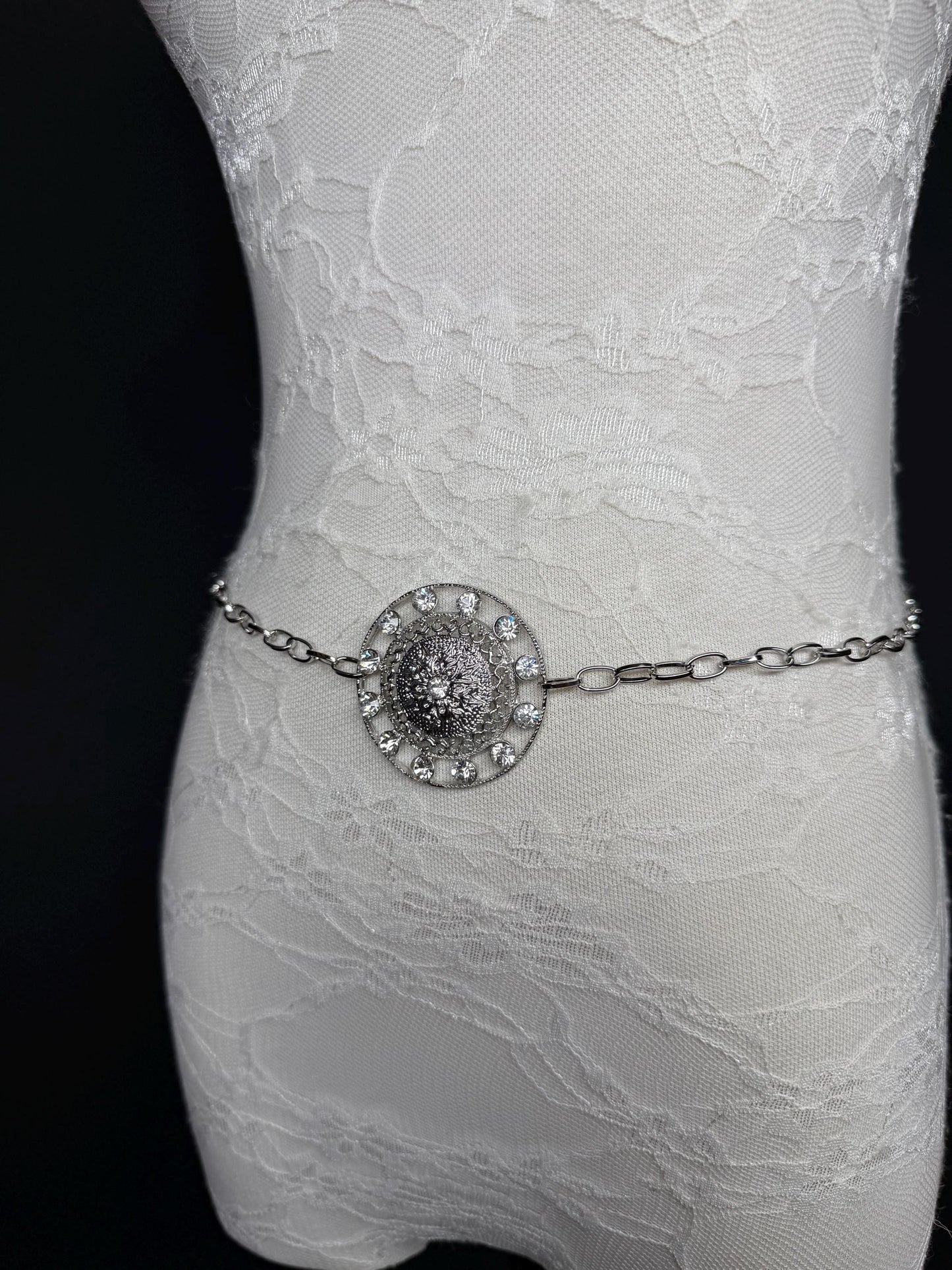 Rhinestone Silver Ring Chain Belt, Handmade to Measure 18–60 Inch Waist