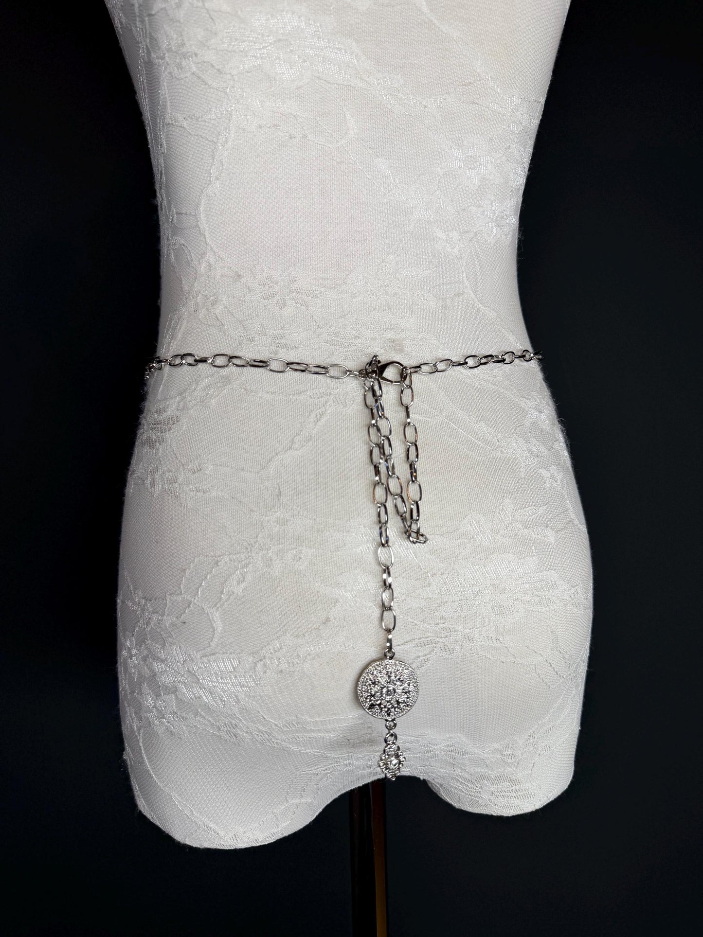 Rhinestone Silver Ring Chain Belt, Handmade to Measure 18–60 Inch Waist