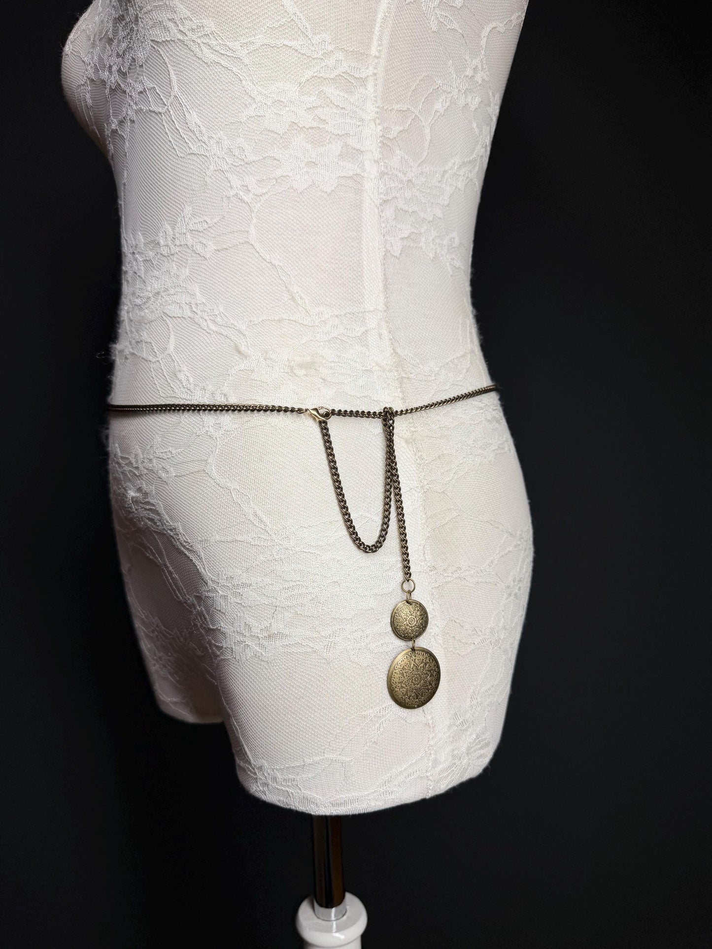 Antique Brass Chain Belt, Coin Pendant Detail, Handmade to Measure 18–60 Inch Waist