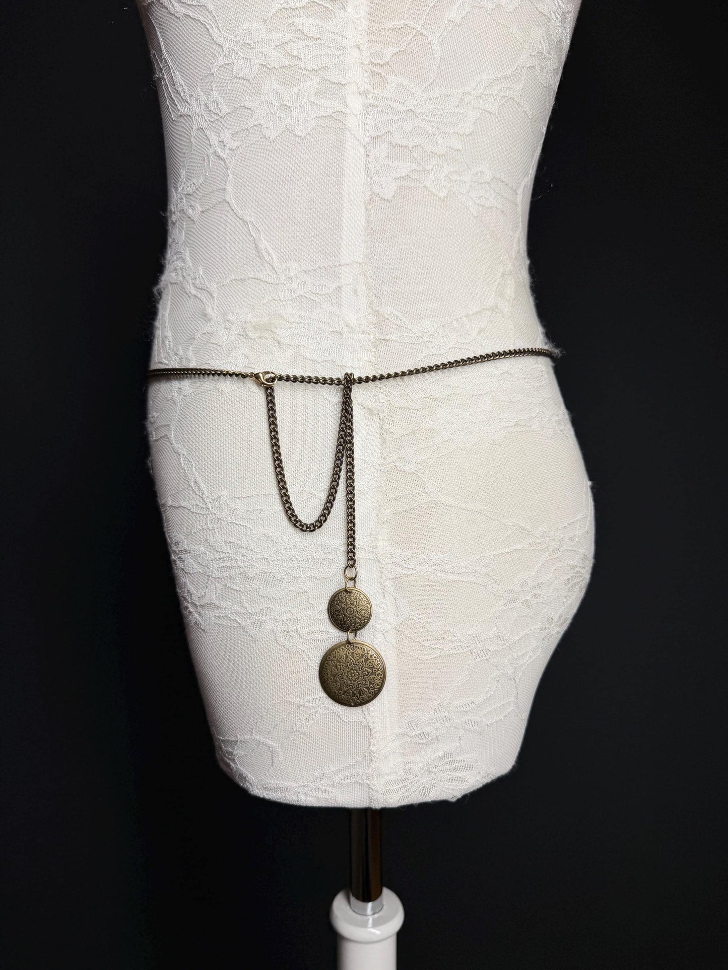 Antique Brass Chain Belt, Coin Pendant Detail, Handmade to Measure 18–60 Inch Waist