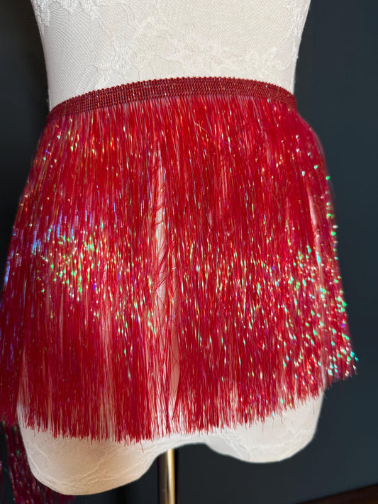 8” Wide Iridescent Cherry Red Tinsel Fringe, 9 colours