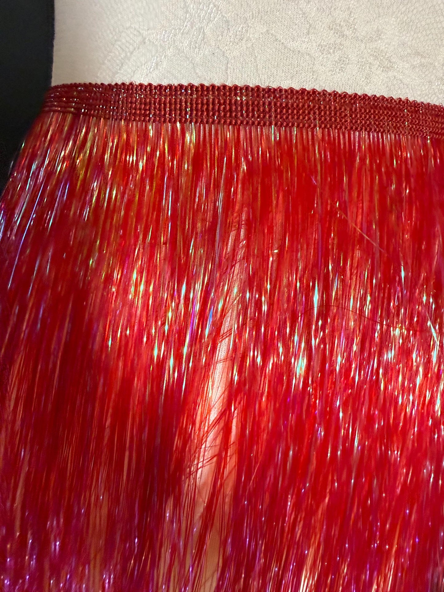 8” Wide Iridescent Cherry Red Tinsel Fringe, 9 colours