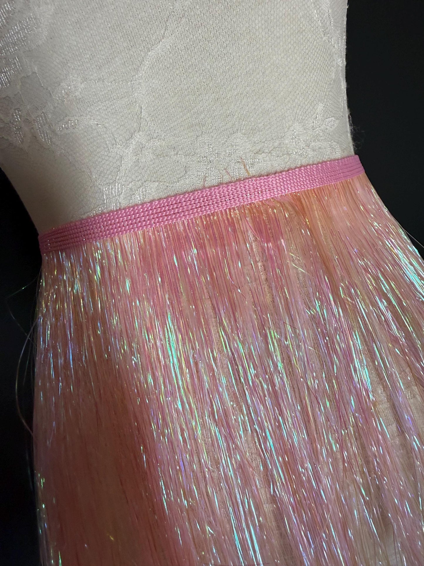 8” Wide Pearlescent Baby Pink Tinsel Fringe, 9 colours