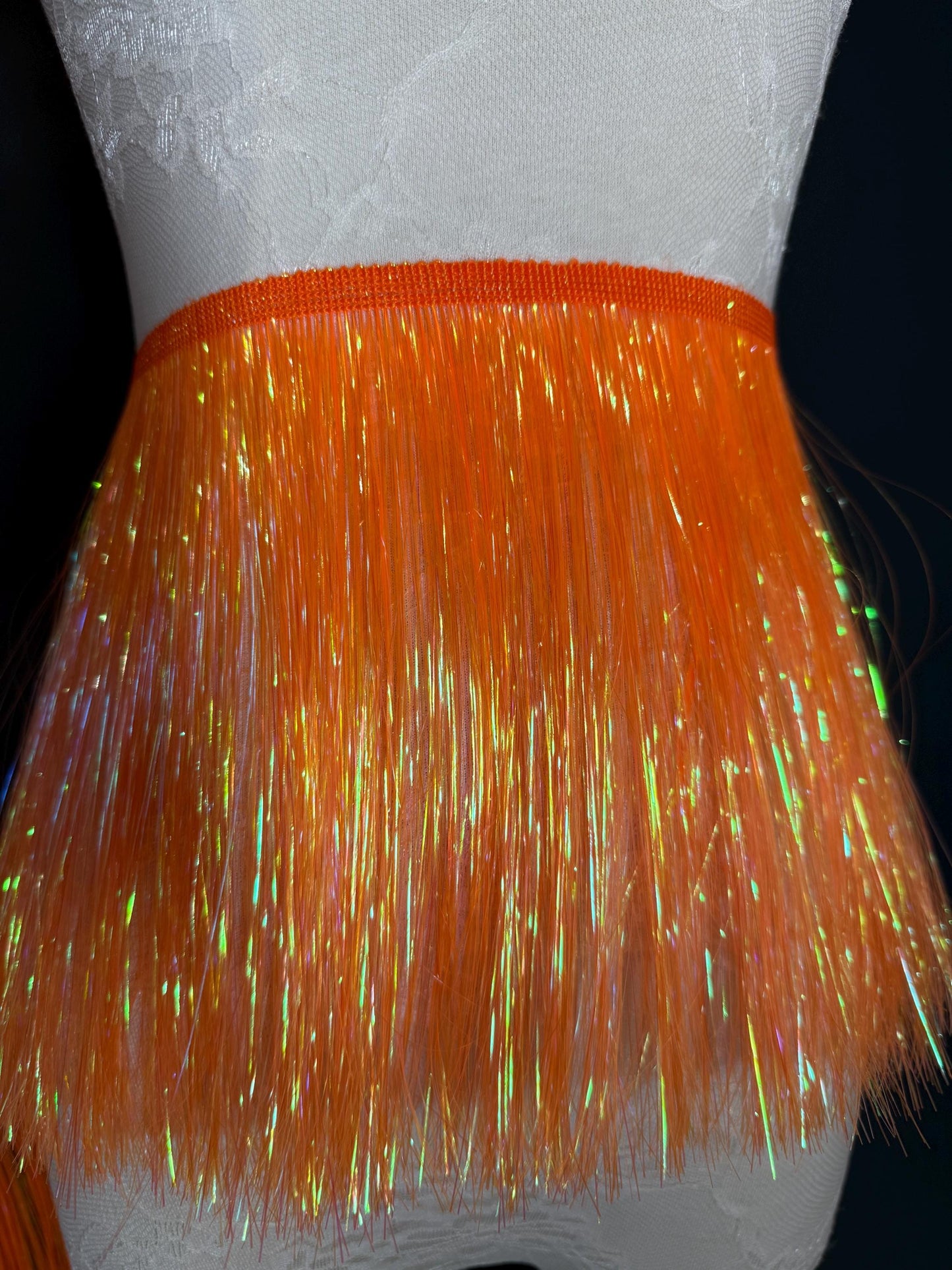 8” Wide Pearlescent Orange Tinsel Fringe, 9 colours