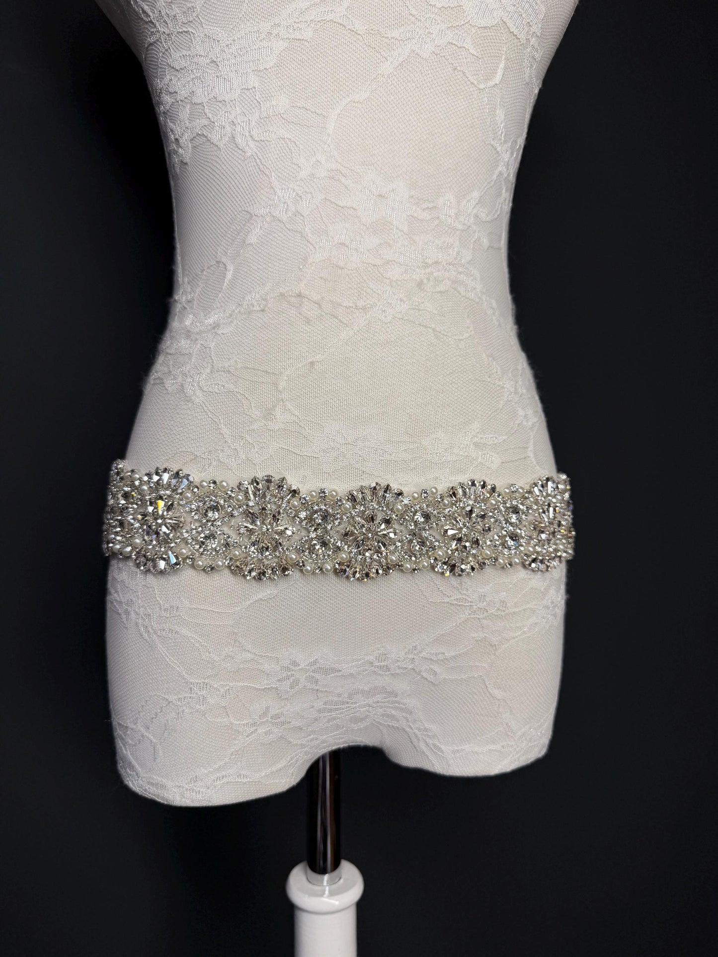 Handmade Crystal Rhinestone Pearl Bridal Belt, Silver Diamanté Sash 5cm 2”